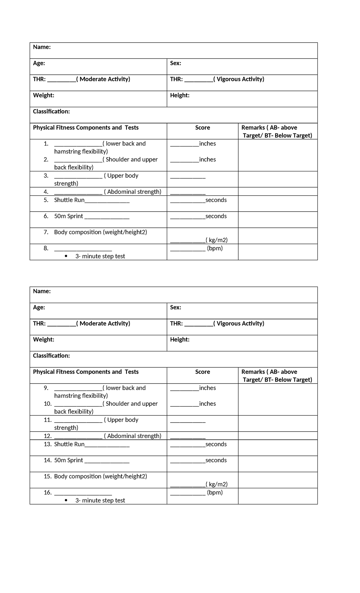 Fitness TEST Assessment Template - Name: Age: Sex: THR ...