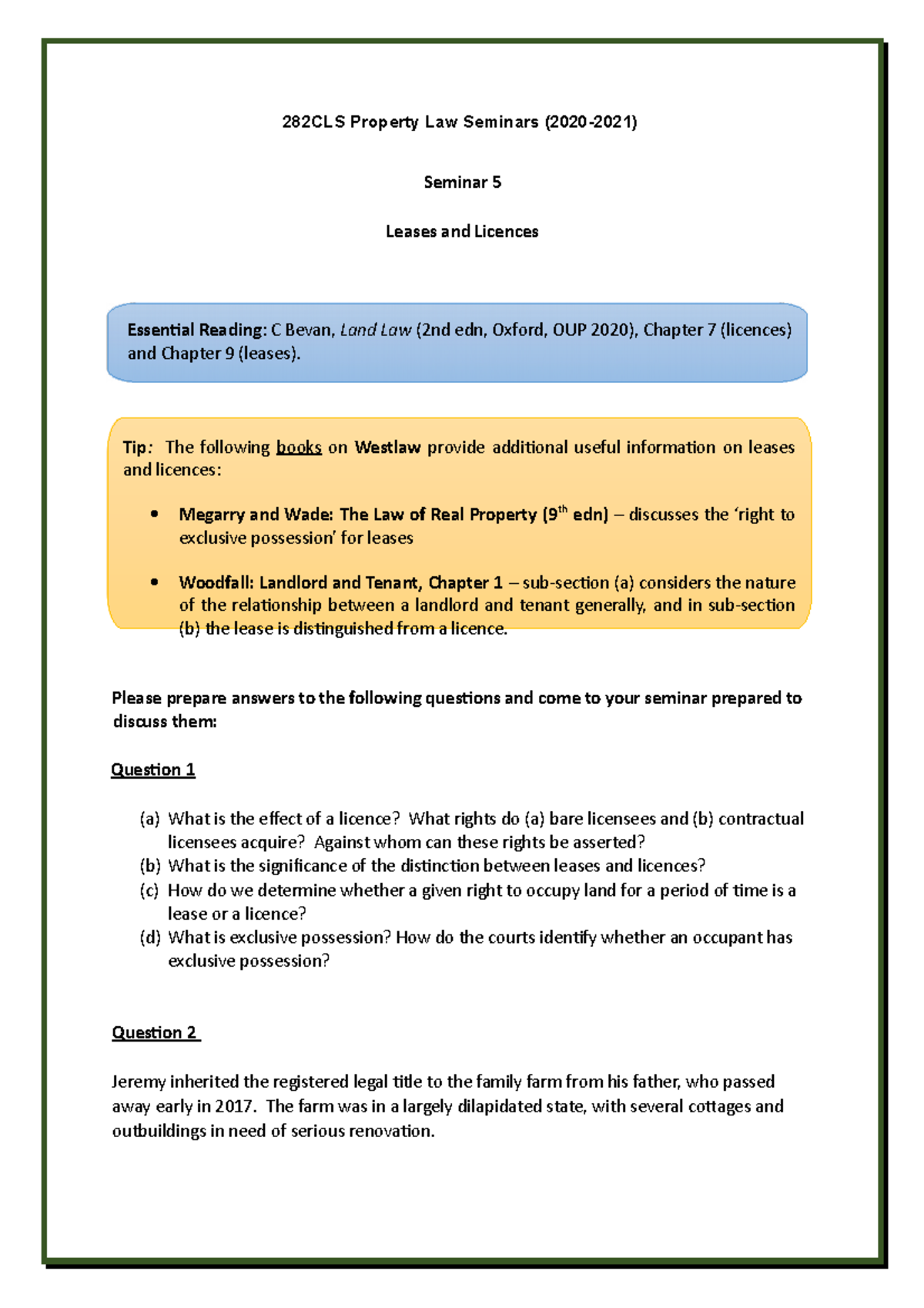 05 282CLS - Seminar 5 - Leases and Licences - 282CLS Property Law ...