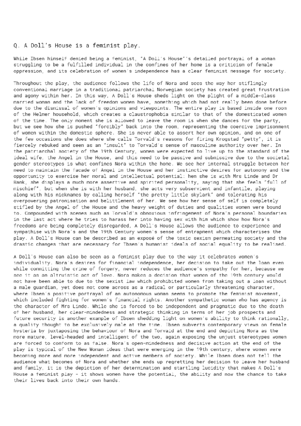 A Doll's House Feminism essay Studocu