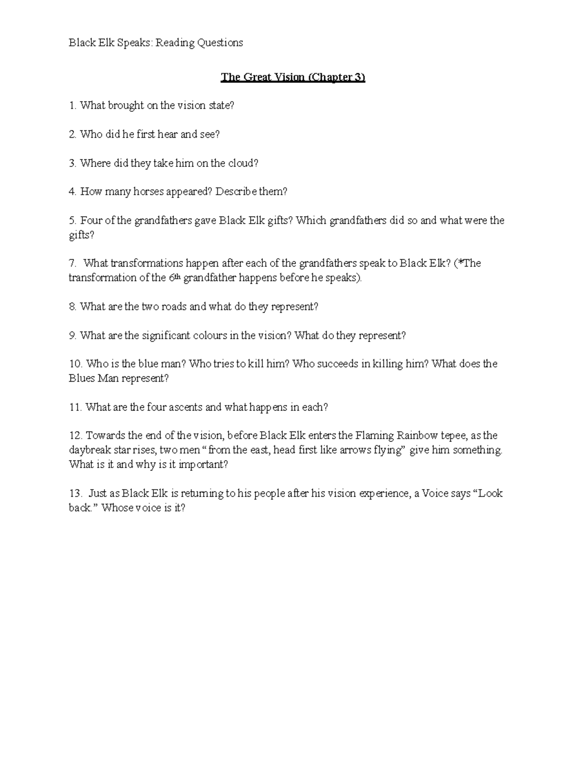 Black Elk Speaks Reading Questions The Great Vision (Chapter 3) What
