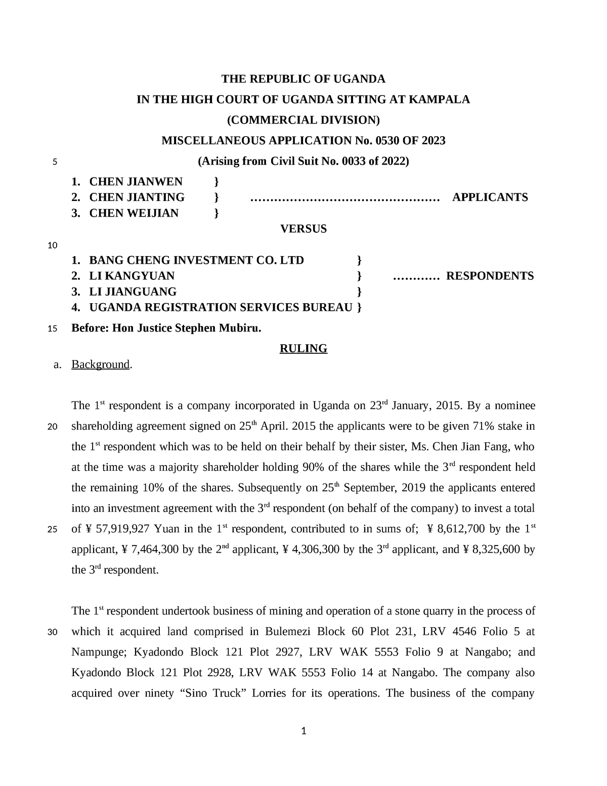 Chen Jian Wen and Others v Bang Cheng Investment Company Limited and 3 ...