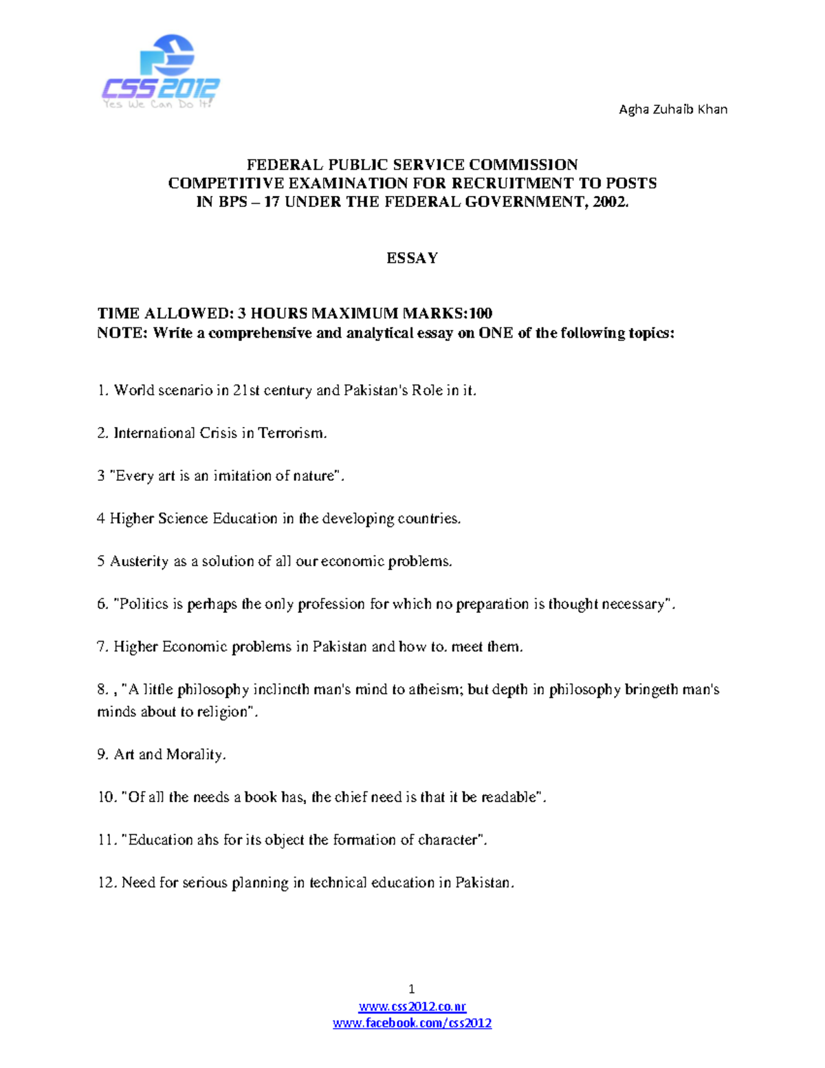 Essay 2002 Good Agha Zuhaib Khan css2012.co 1 facebook/css