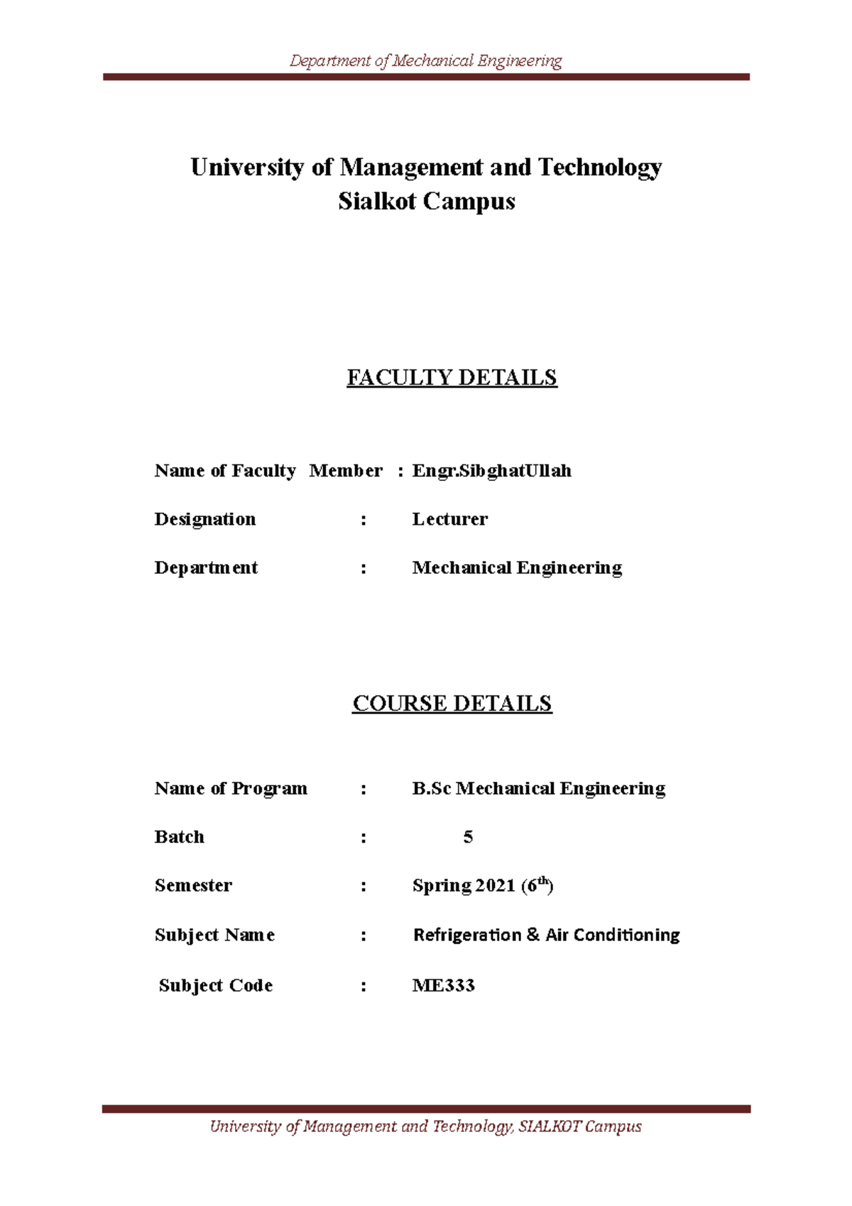 Course Folder - Lecture notes - University of Management and Technology ...