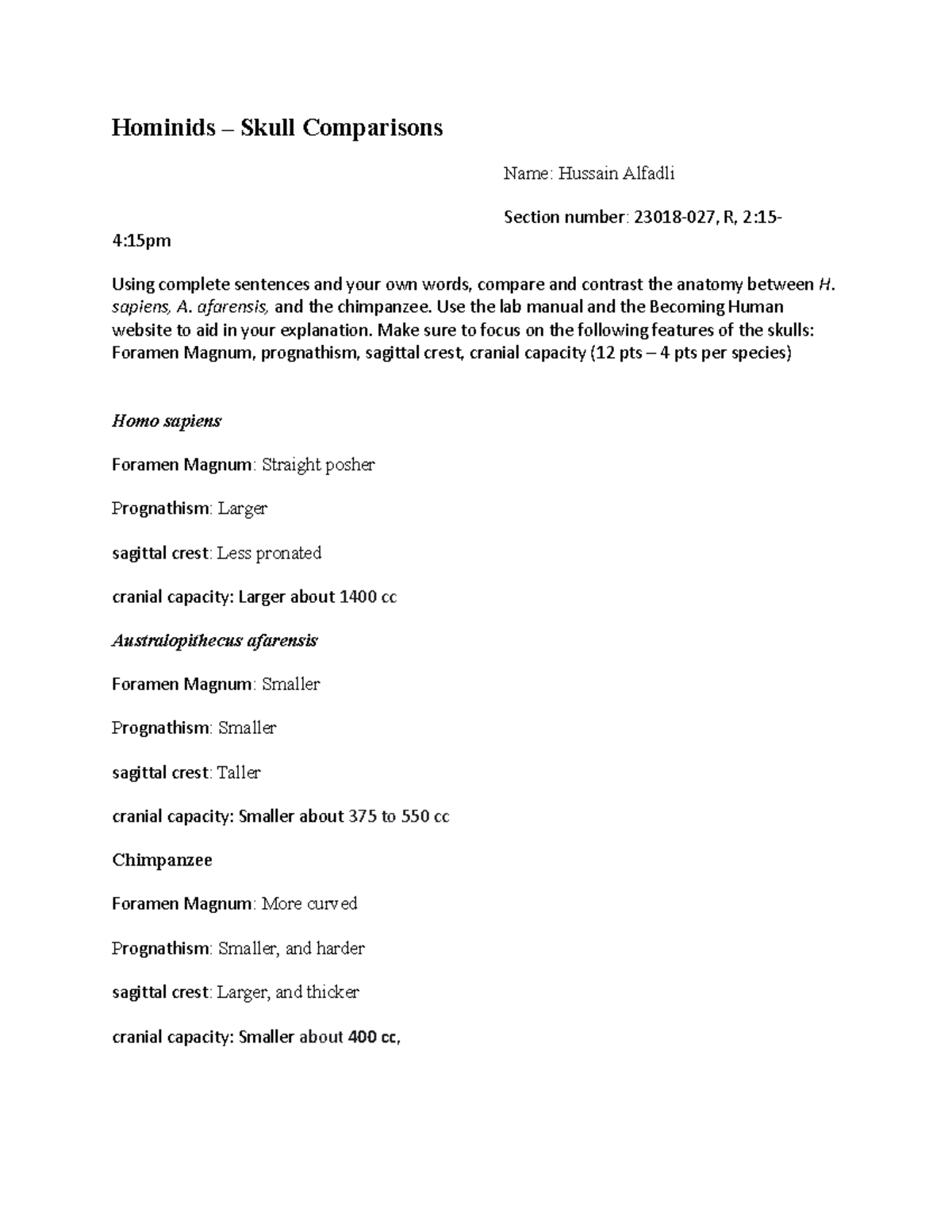 Hominid skull summary - N/C - Hominids – Skull Comparisons Name ...