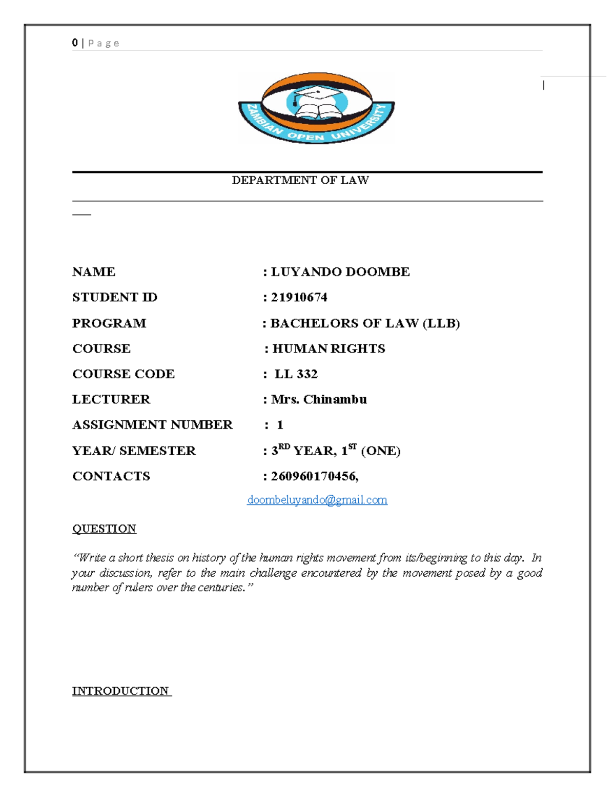 Human Rights Assign 1 - | 0 | P a g e DEPARTMENT OF LAW - Studocu