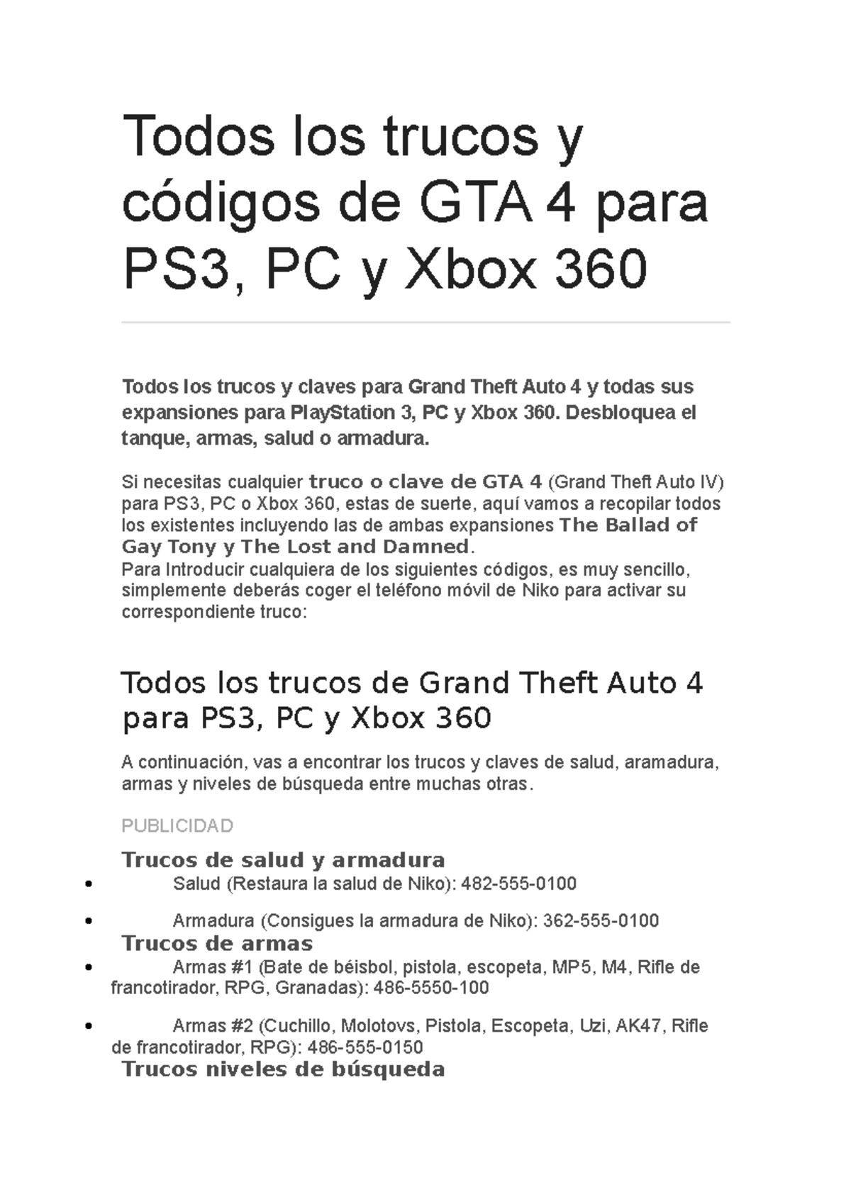 Todos los trucos y claves de Grand Theft Auto IV (GTA 4) para PC