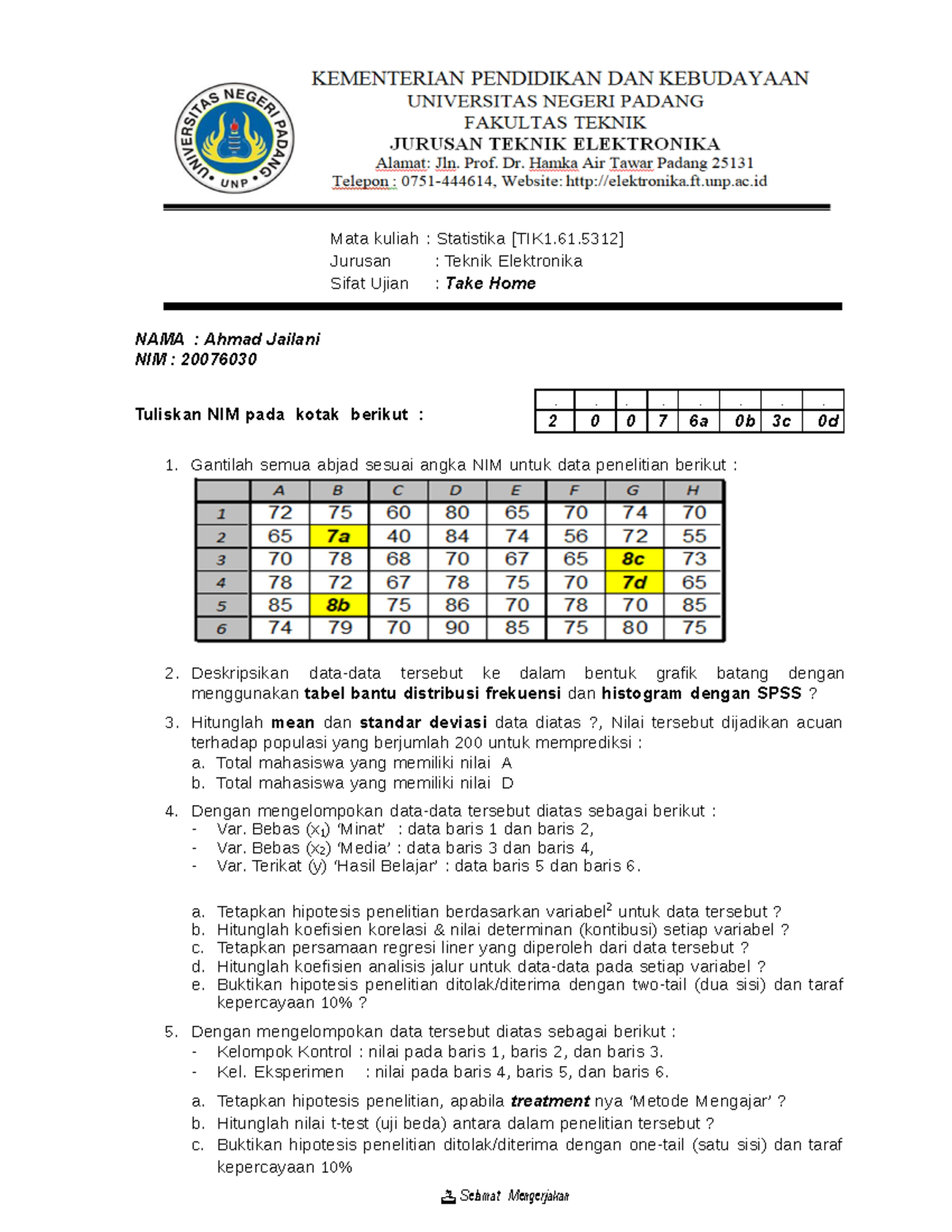 Ujian Akhir Semester Statistika - Mata Kuliah : Statistika [TIK1.61 ...