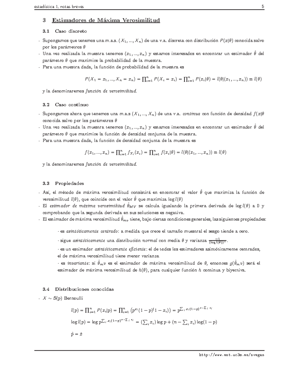 Estimadores De Maxima Verosimilitud - Estad ́ıstica I, Notas Breves 5 3 ...