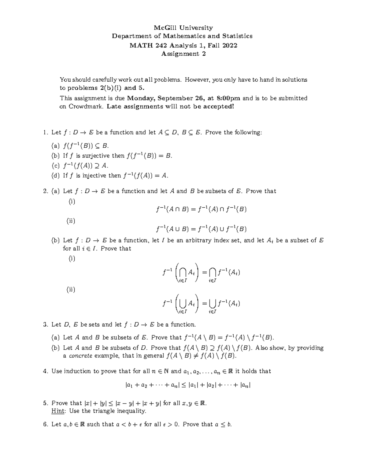 242f22ass2 Assignment 2 Mcgill University Department Of Mathematics