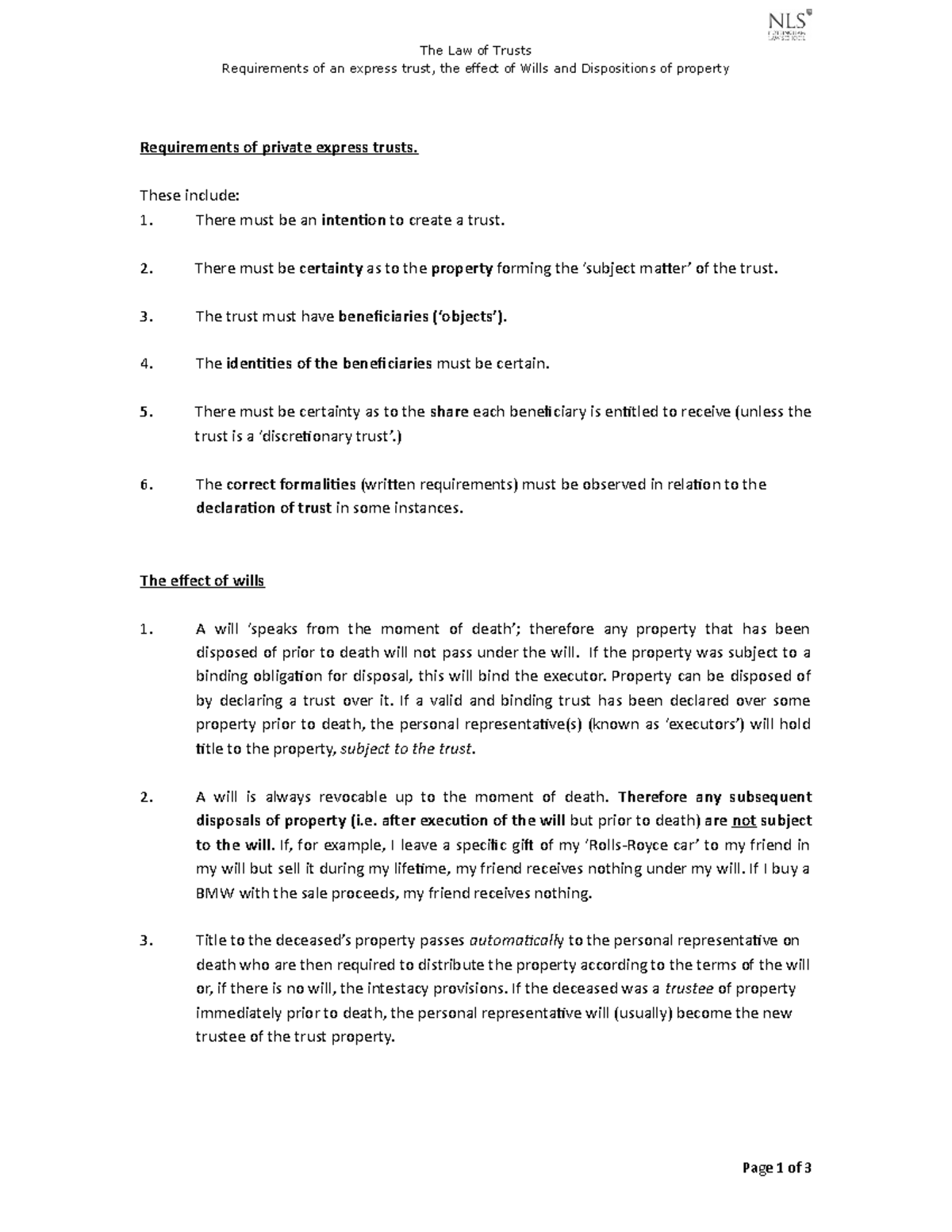 Requirements for an Express Trust - The Law of Trusts Requirements of ...