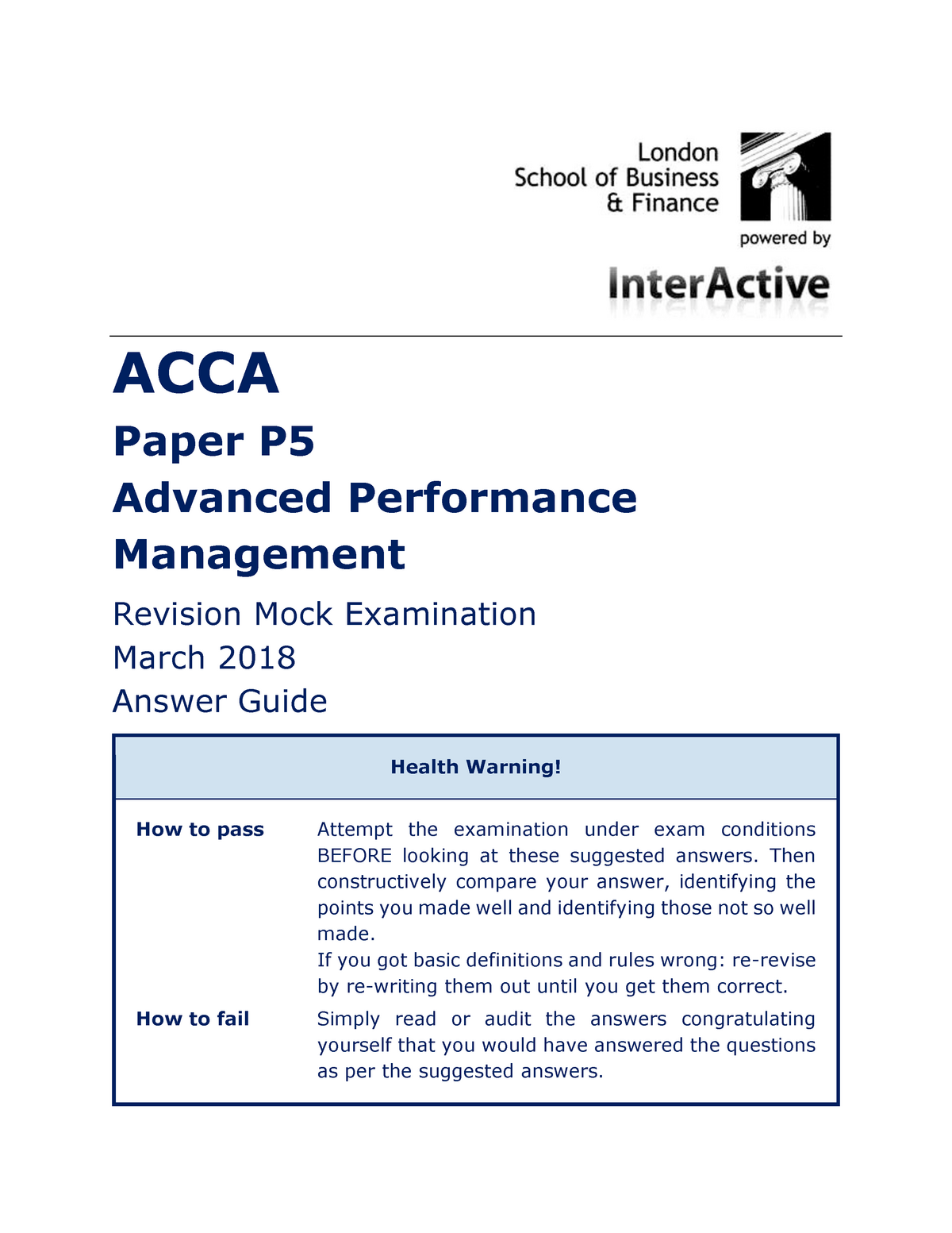 Sample practice exam 2018 ACCA Paper P Advanced Performance