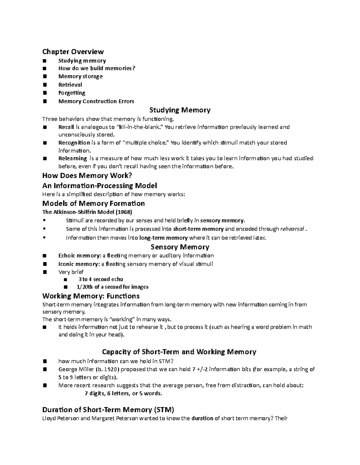 Ch. 8 Pt. 1 Memory in Psychology Chapter Overview Studying memory