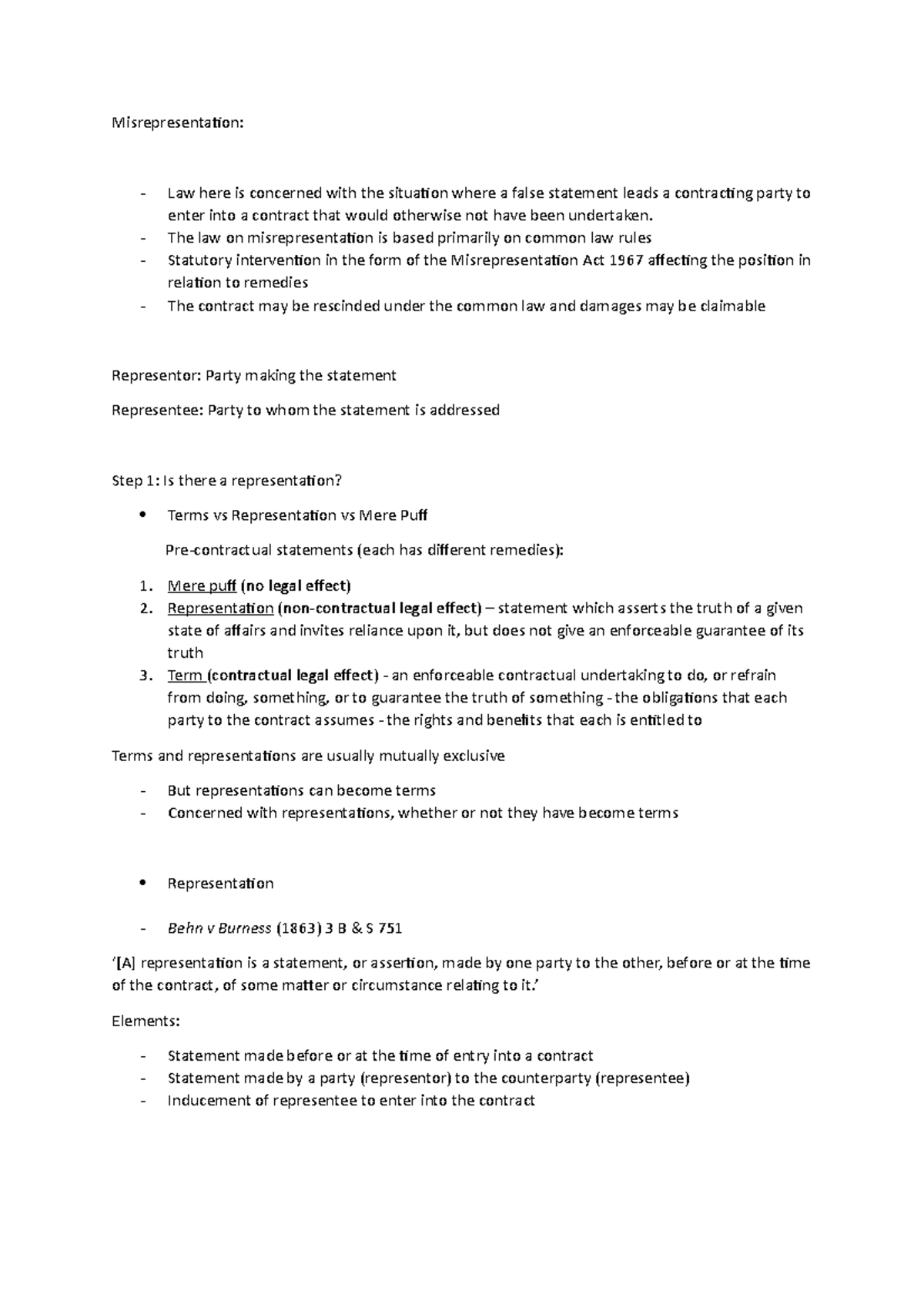 Misrepresentation Notes and Cases Misrepresentation Law here is