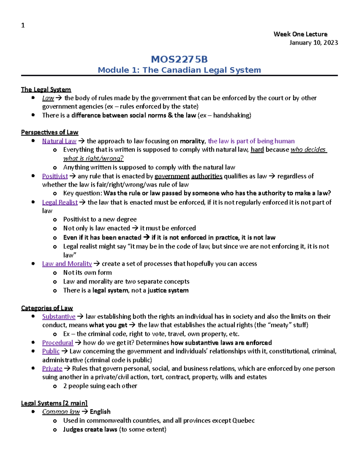 Week 1 LN - week 1 lecture notes - Ross - Week One Lecture January 10 ...