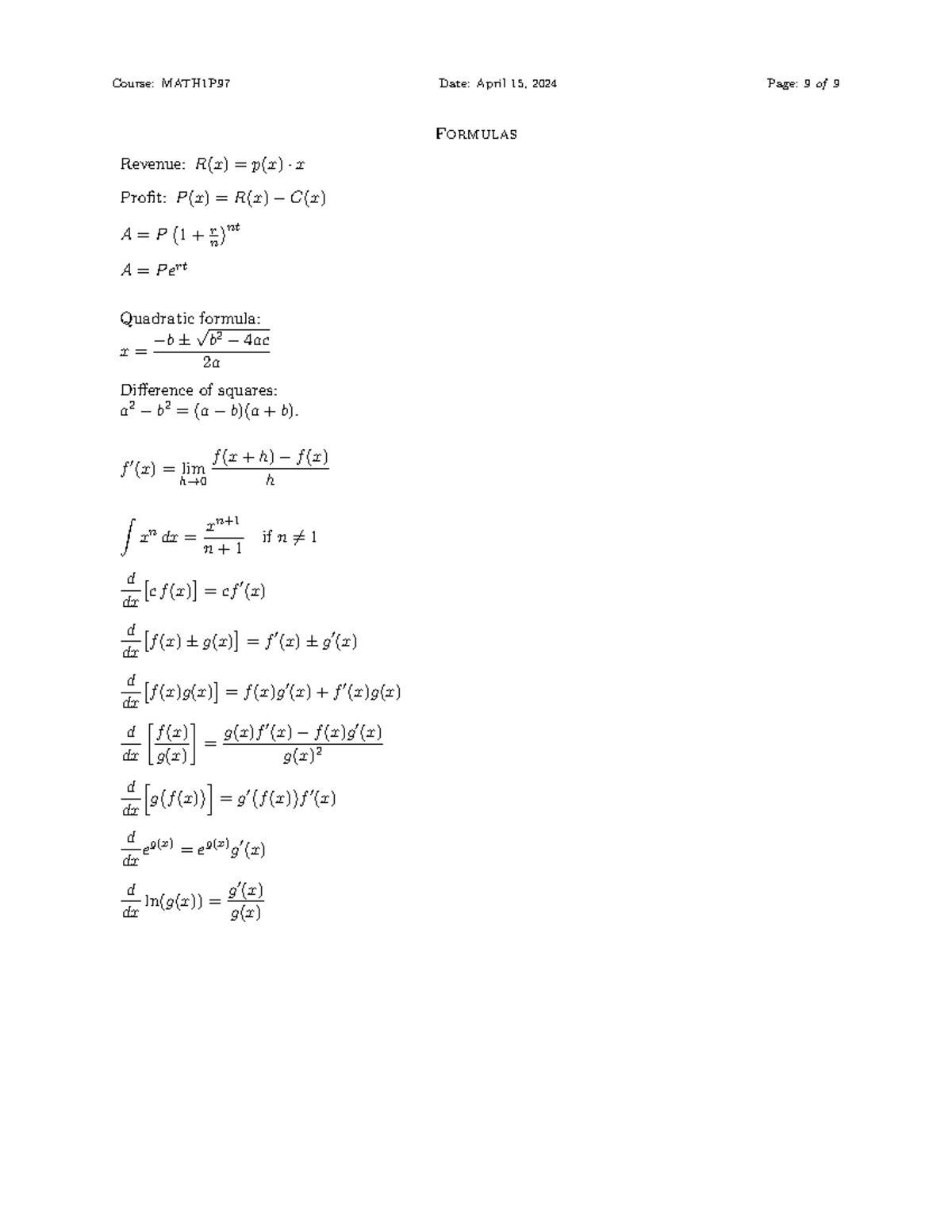 Final exam formula sheet - Course: MATH1P97 Date: April 15, 2024 Page ...