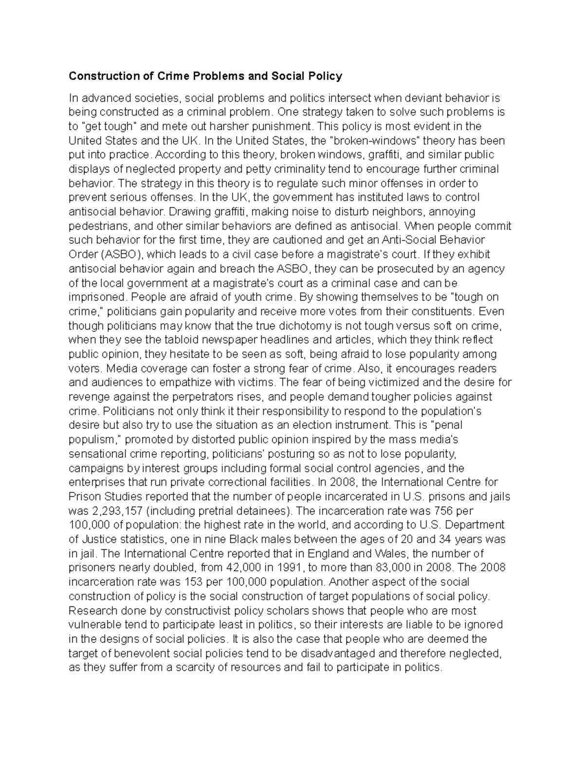 Construction of Crime Problems and Social Policy - One strategy taken ...