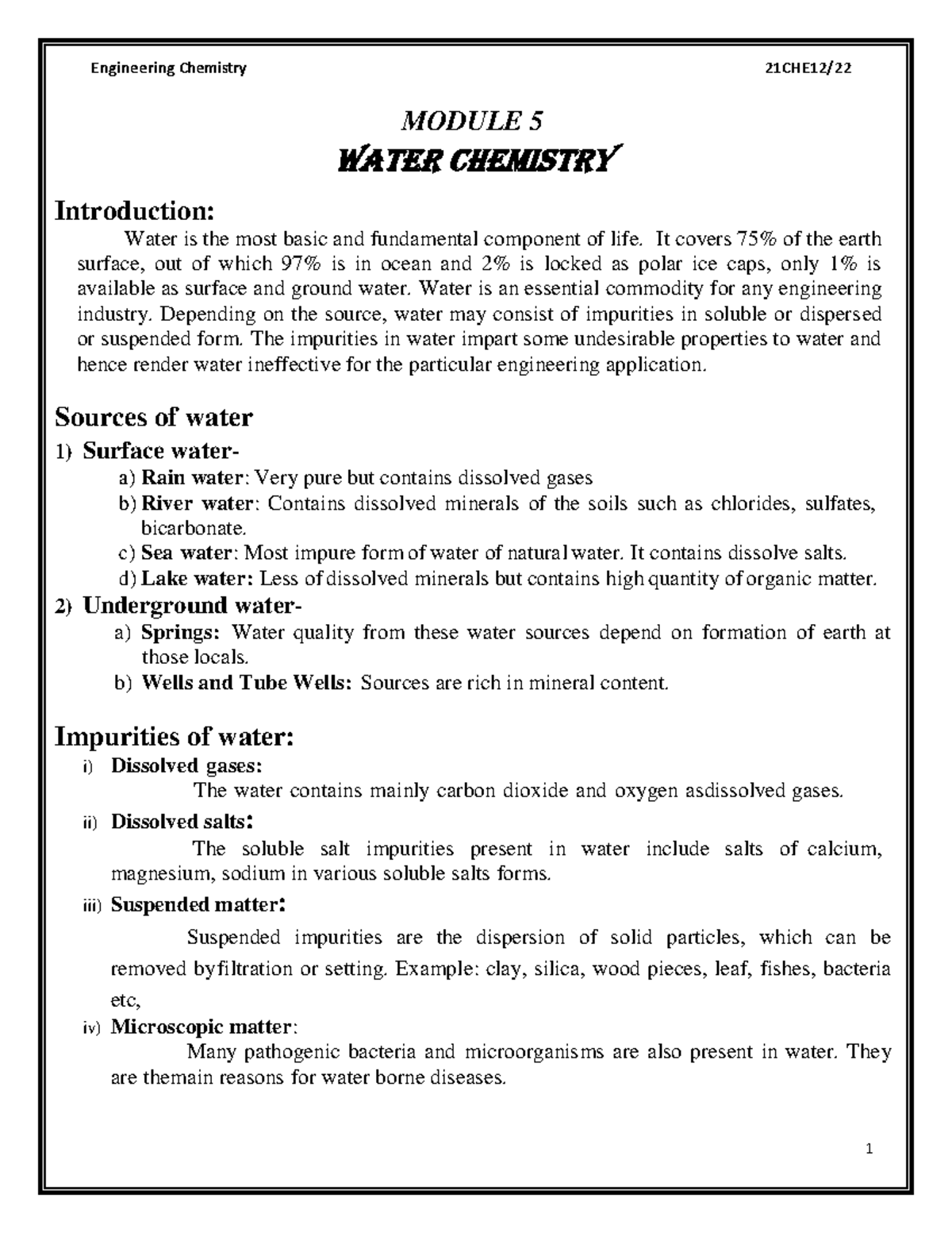 Module 5 Water Chemistry MODULE 5 Water Chemistry Introduction