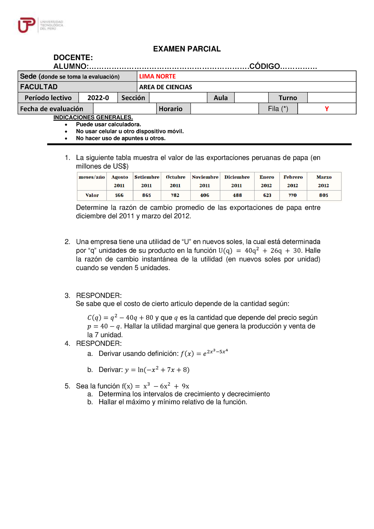 Modelo Examen Parcial- Matematica PARA Negocios 2-2022 - EXAMEN PARCIAL ...