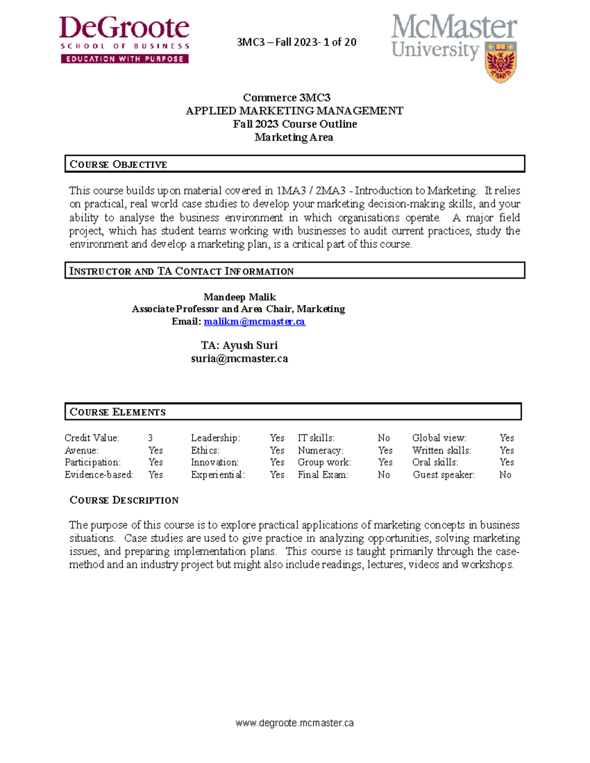 3MC3 Fall 2023 Course Outline - 3MC3 – Fall 2023- 1 of 20 Commerce 3MC ...