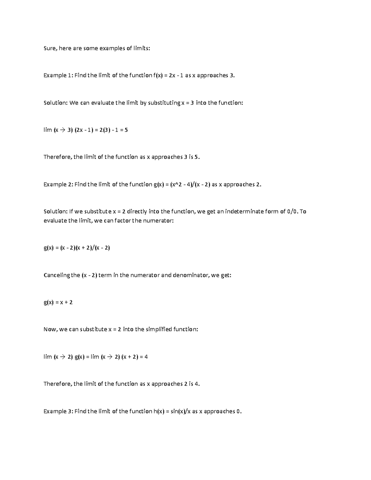 Limits Examples Sure, here are some examples of limits Example 1