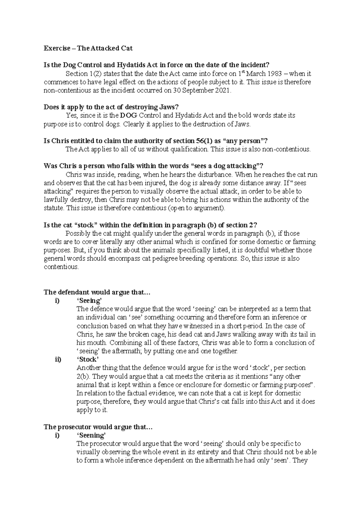 LAWS101 Lecture 8 Practice Exercise The Attacked Cat Is the Dog