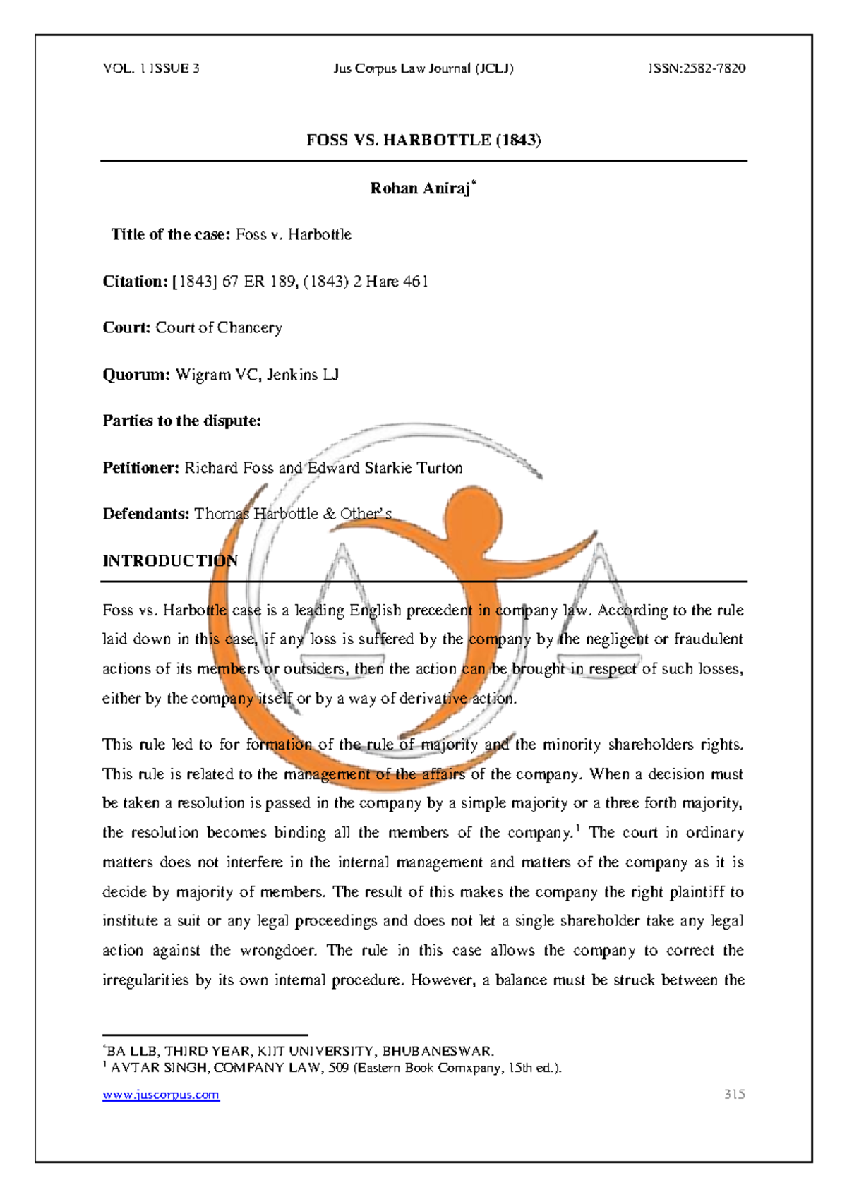foss vs harbottle case - FOSS VS. HARBOTTLE (1843) Rohan Aniraj* “Title ...