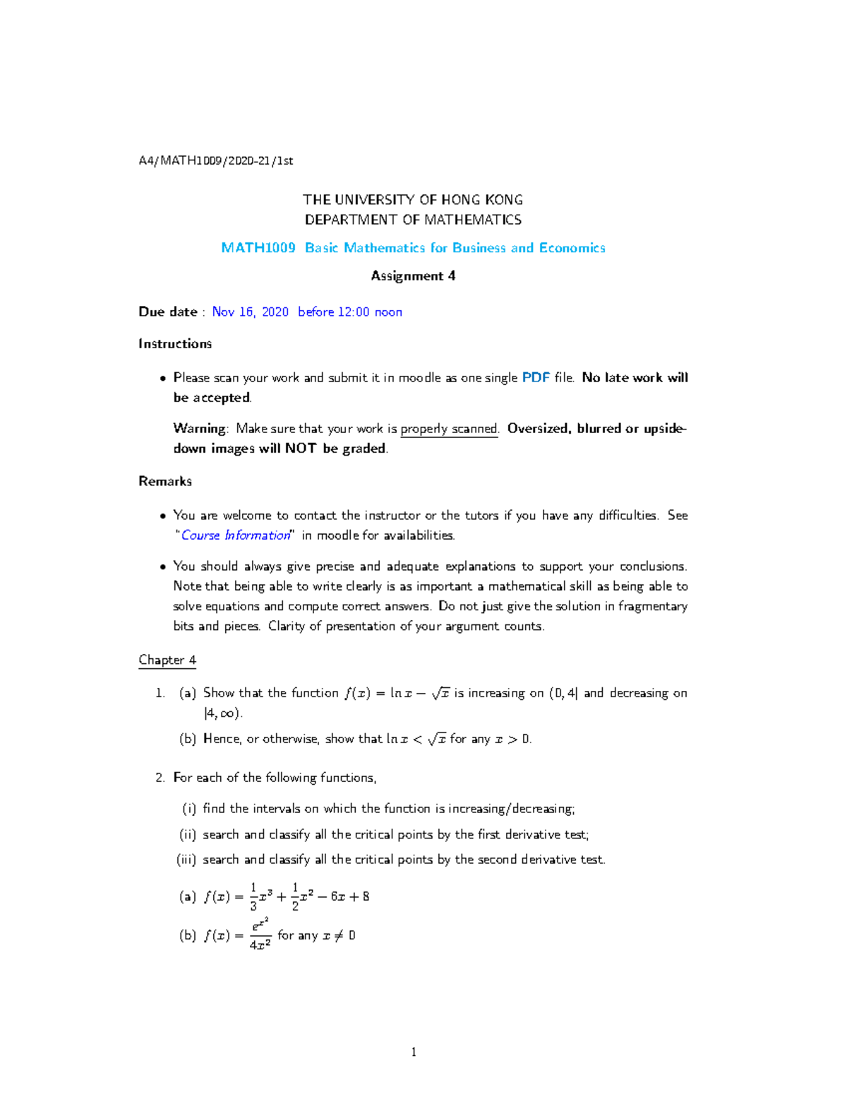 Assignment 4(1009)(20-21 First) - A4/MATH1009/2020-21/1st THE ...