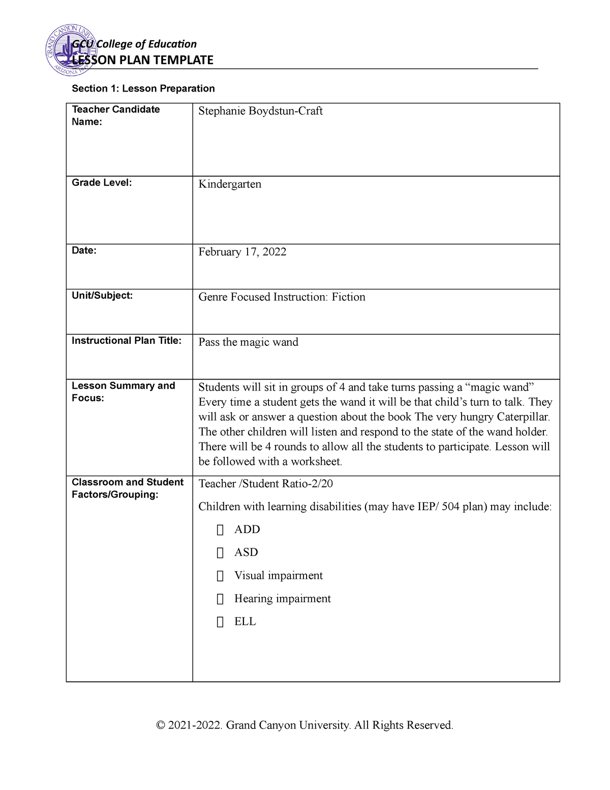 Genre Focused Attention - LESSON PLAN TEMPLATE Section 1: Lesson ...