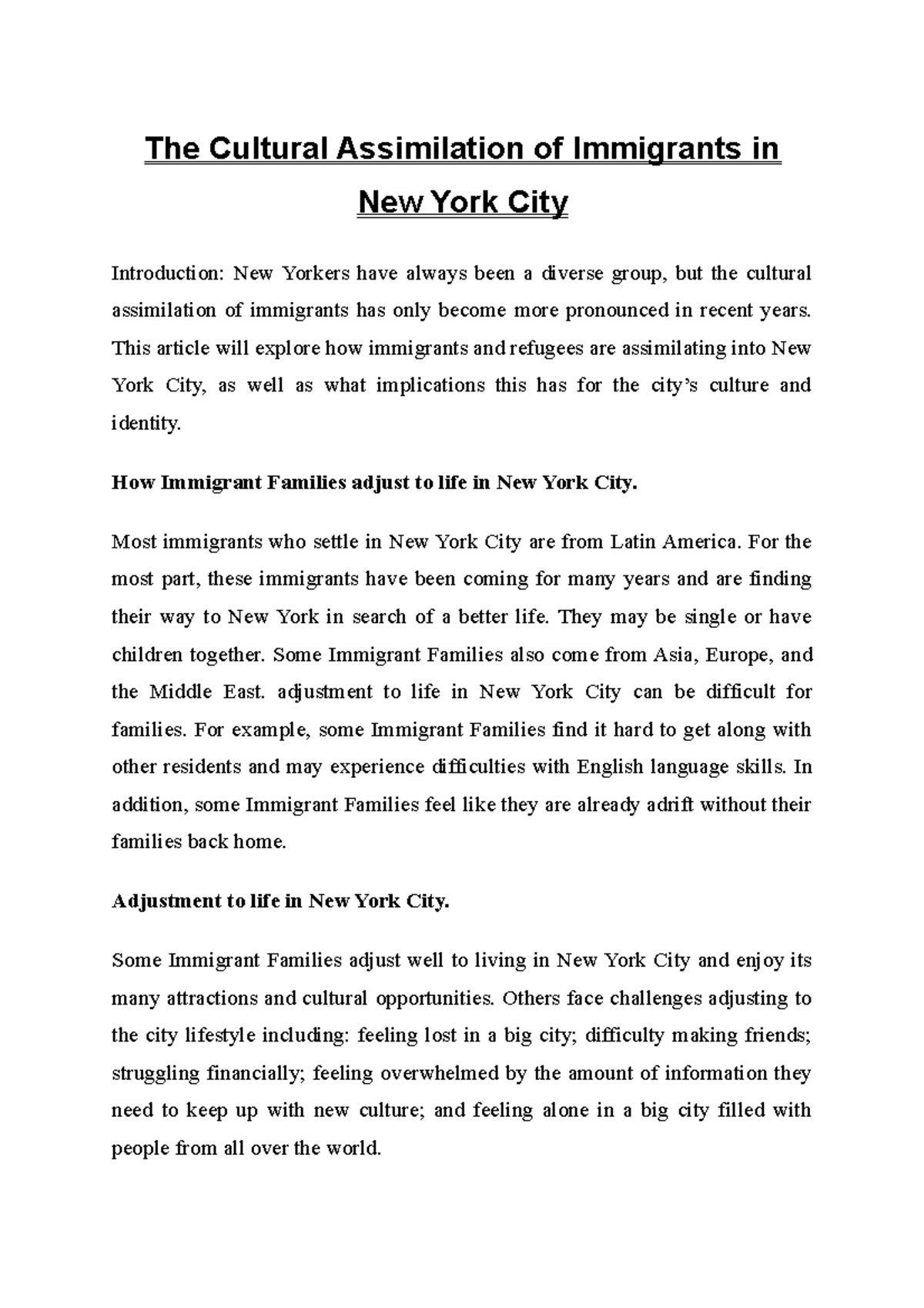 The Cultural Assimilation of Immigrants in New York City - The Cultural ...