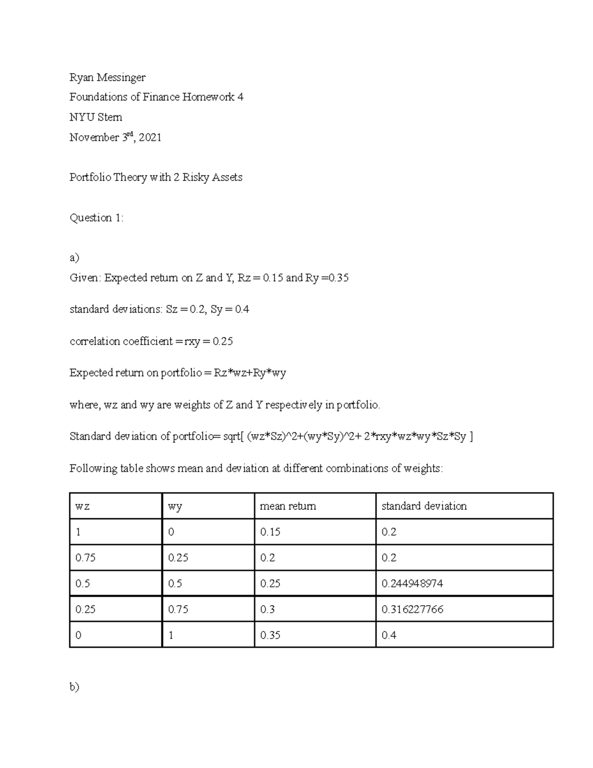HW 4 Foundations of Finance NYU Stern Simone L. Ryan Messinger
