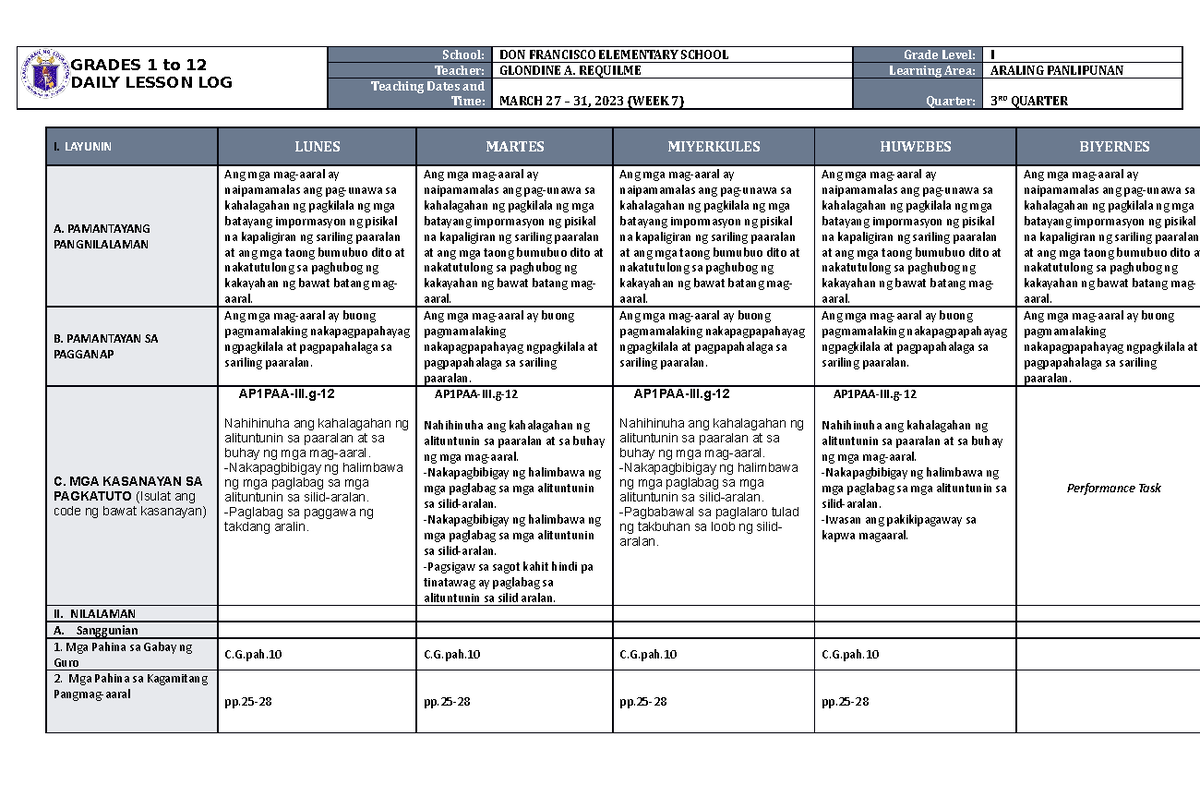 DLL Araling Panlipunan 1 Q3 W7 - GRADES 1 to 12 DAILY LESSON LOG School ...