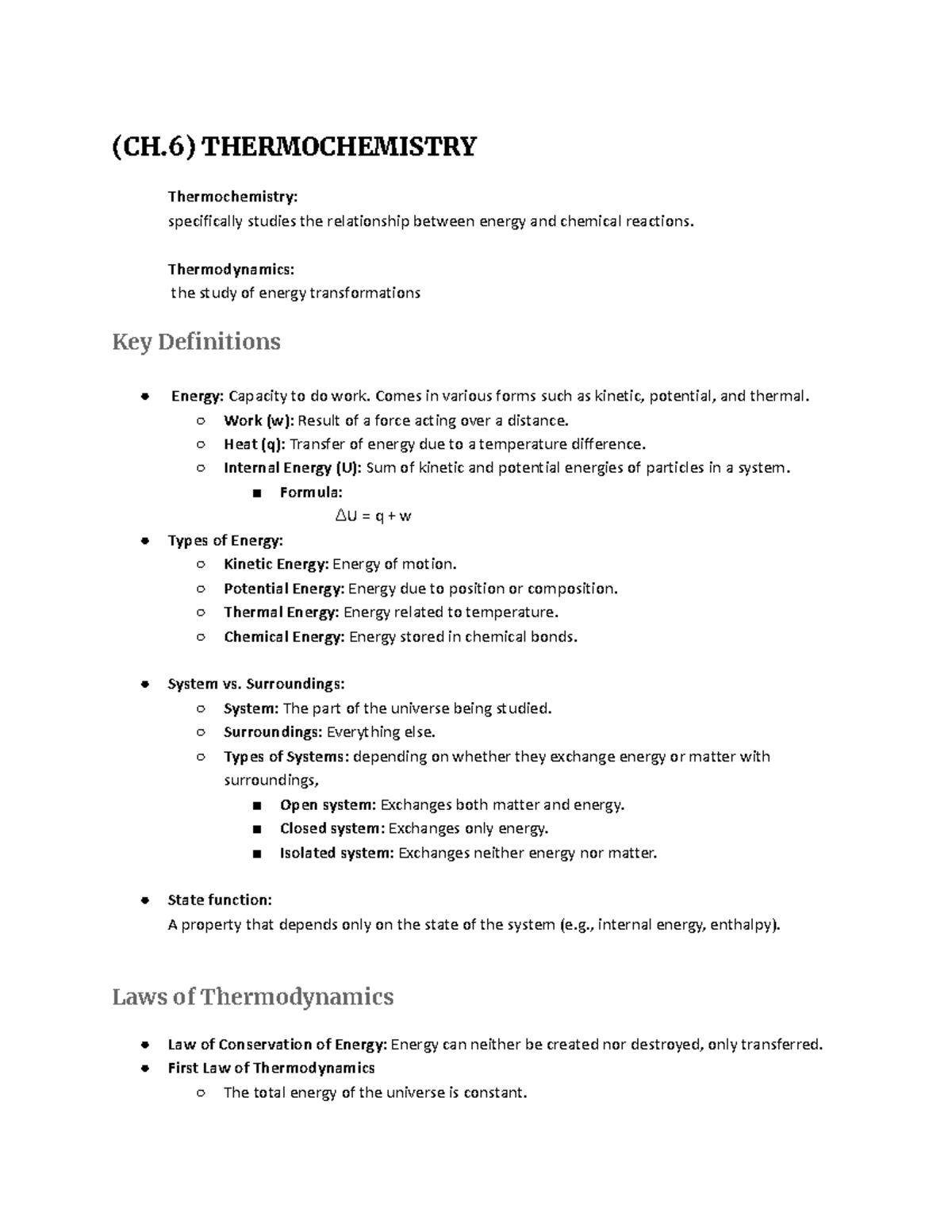 Chapter 6 Notes - (CH) THERMOCHEMISTRY Thermochemistry: specifically ...