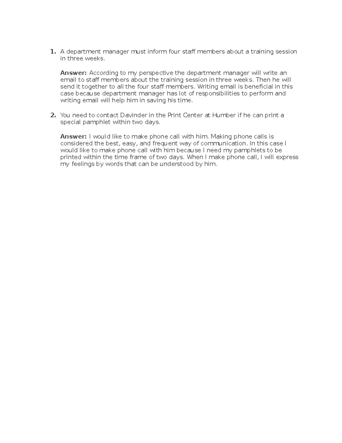 A department manager must inform four staff members about a training ...
