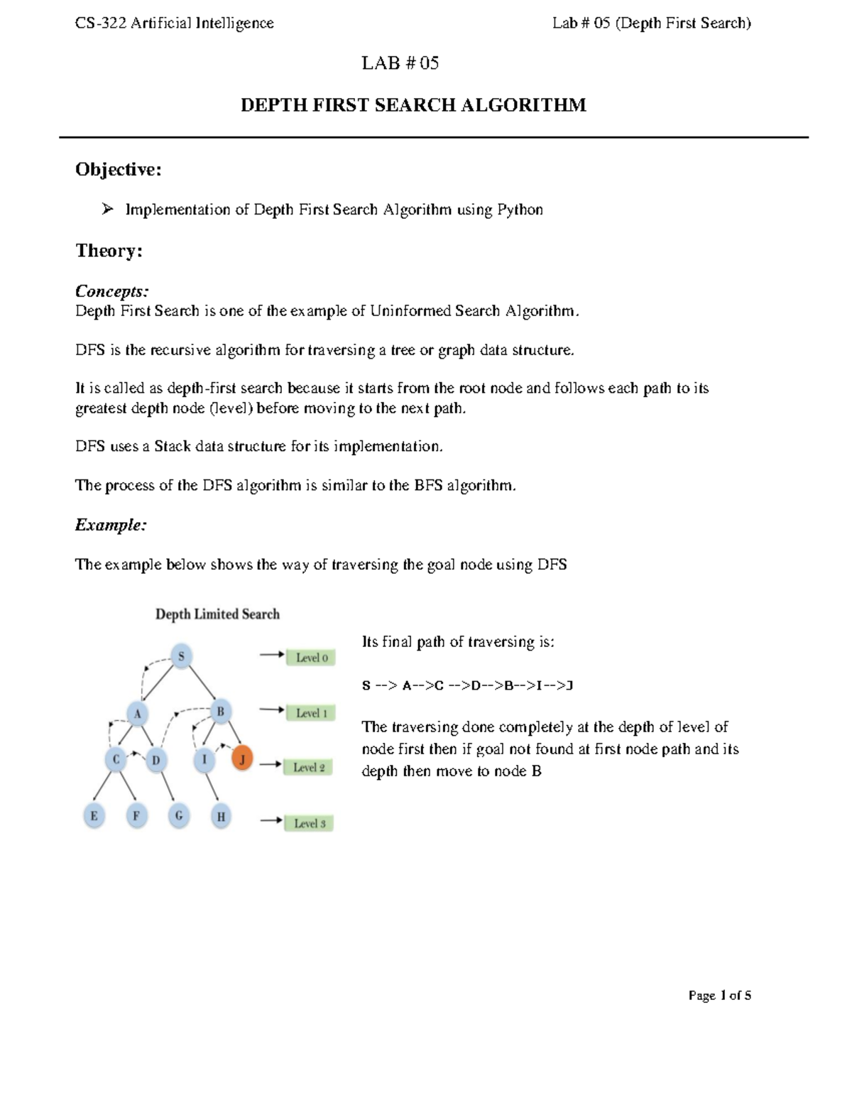 Lab 5 Depth First Search Algorithm - LAB # 05 DEPTH FIRST SEARCH ...