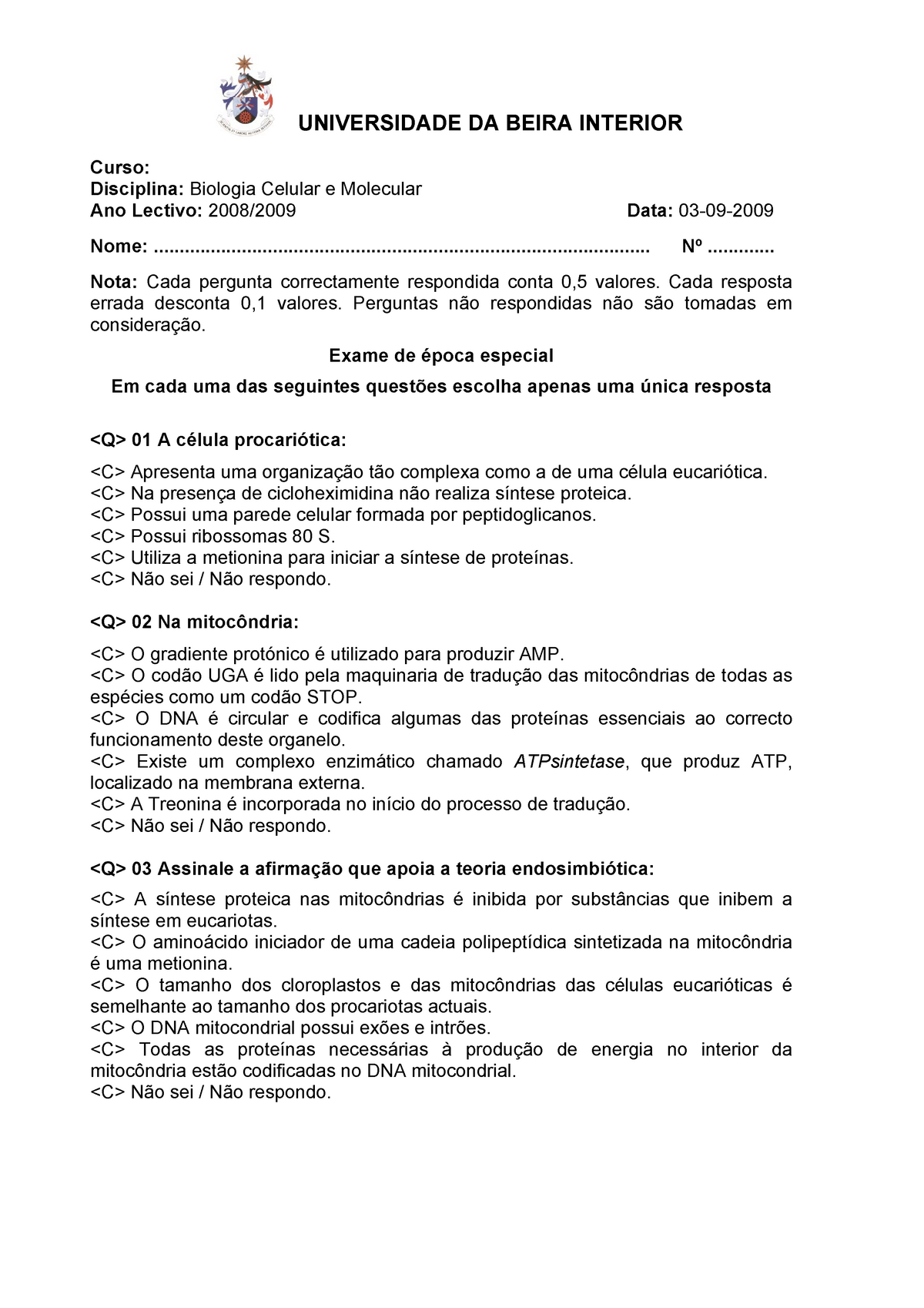 Exame ®poca Especial 2008 2009 Universidade Da Beira Interior Curso Disciplina Biologia 8622