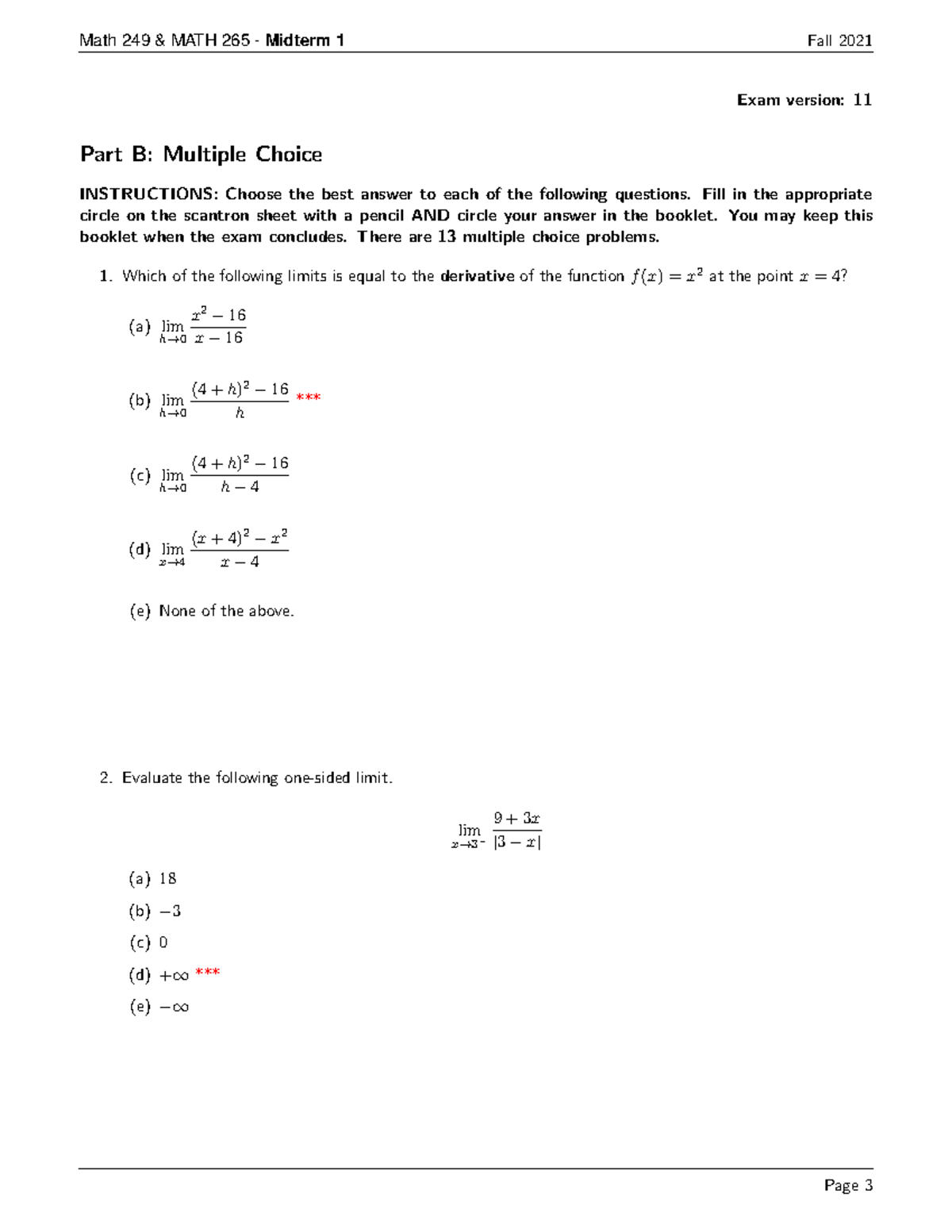 Midterm 1 KEY Part B 11 - Exam Version: 11 Part B: Multiple Choice ...