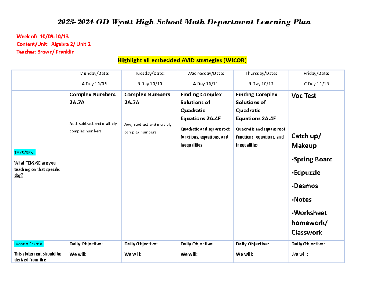 Brown and Franklin Algebra 2 10 - 2023-2024 OD Wyatt High School Math ...