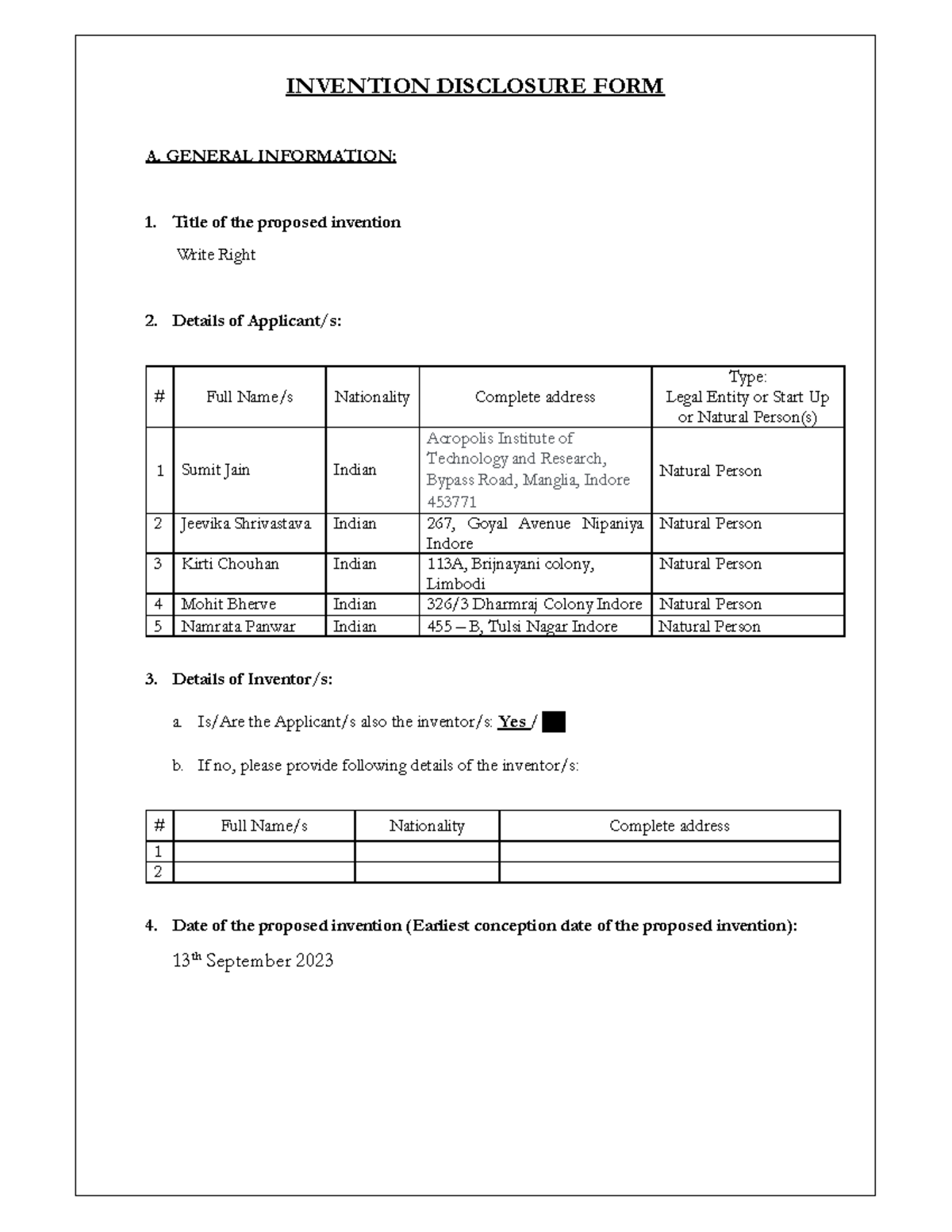 Invention disclosure - INVENTION DISCLOSURE FORM A. GENERAL INFORMATION ...