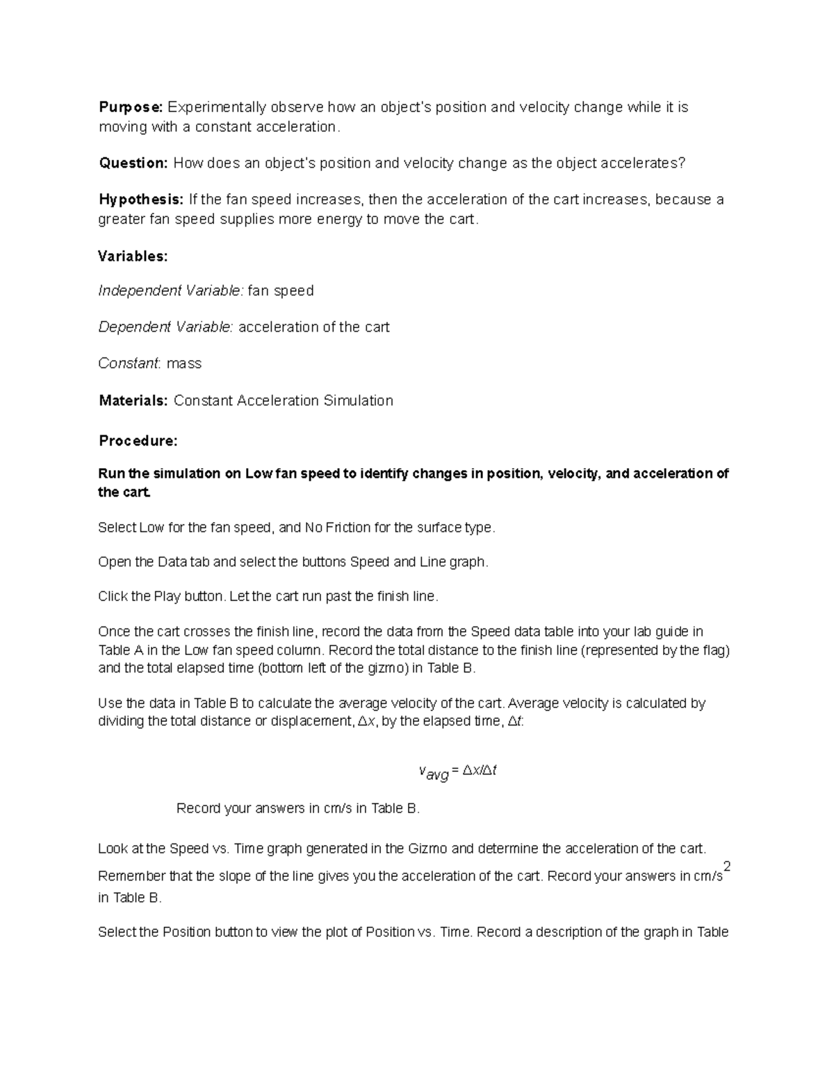 Motion with Constant Acceleration (1) - Purpose: Experimentally observe ...