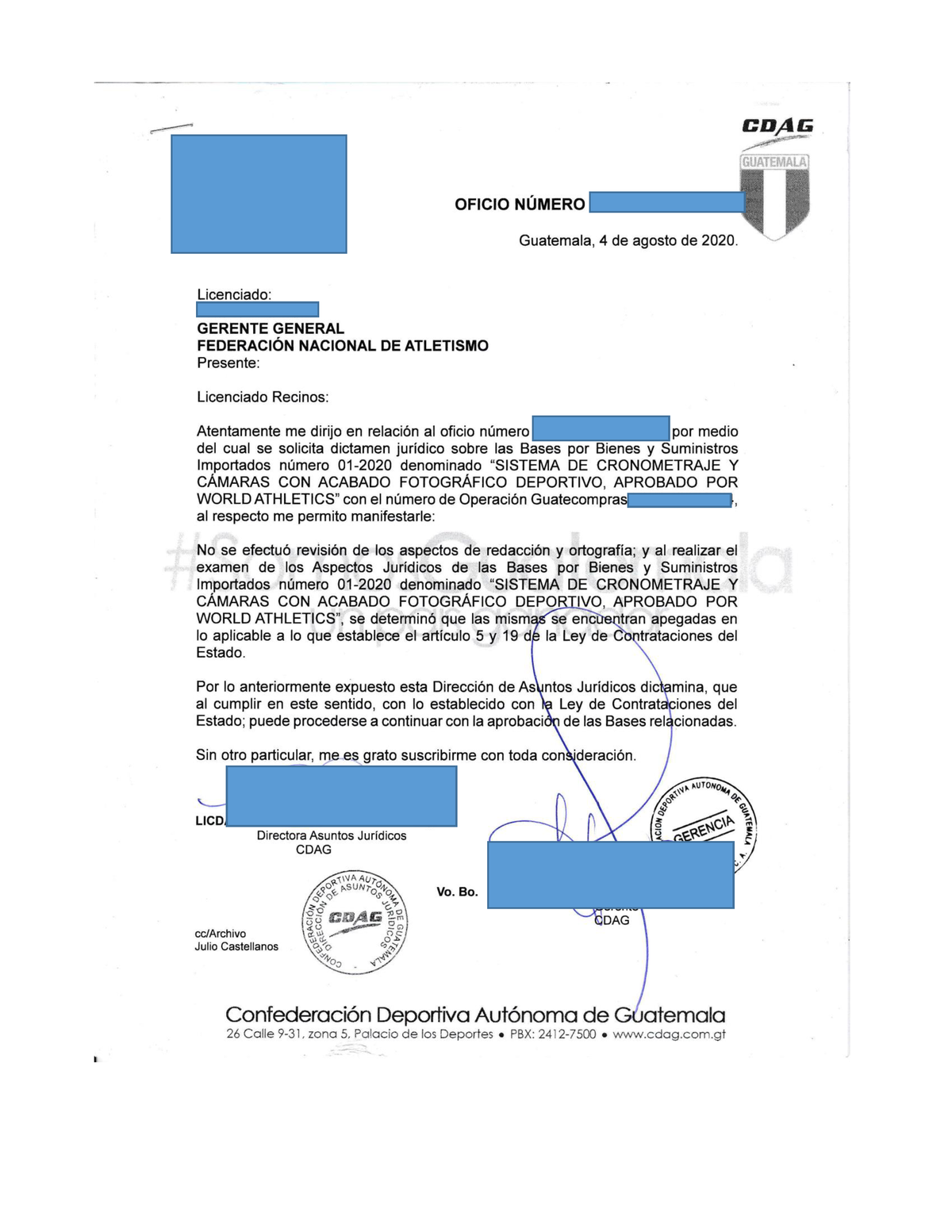 Ejemplo Dictamen Legal - OFICIO NUMERO Guatemala, 4 de agosto de 2020.  Licenciado: as GERENTE - Studocu