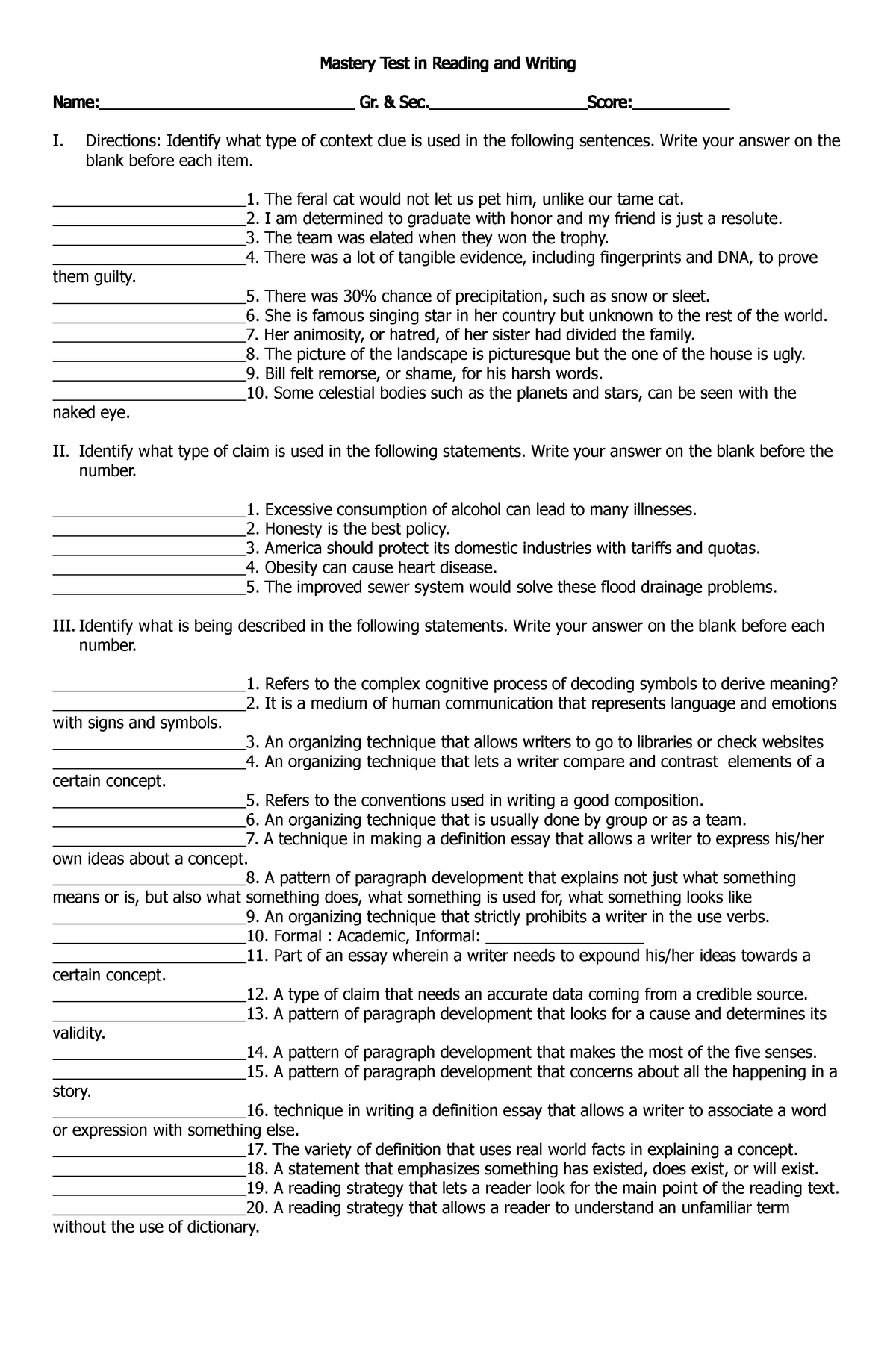 Mastery Test in Reading and Writing - Mastery Test in Reading and ...