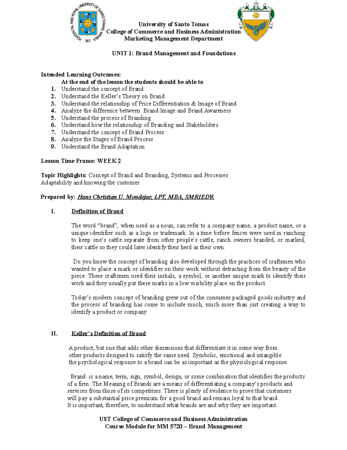 Brand Management Module 1 - College of Commerce and Business ...