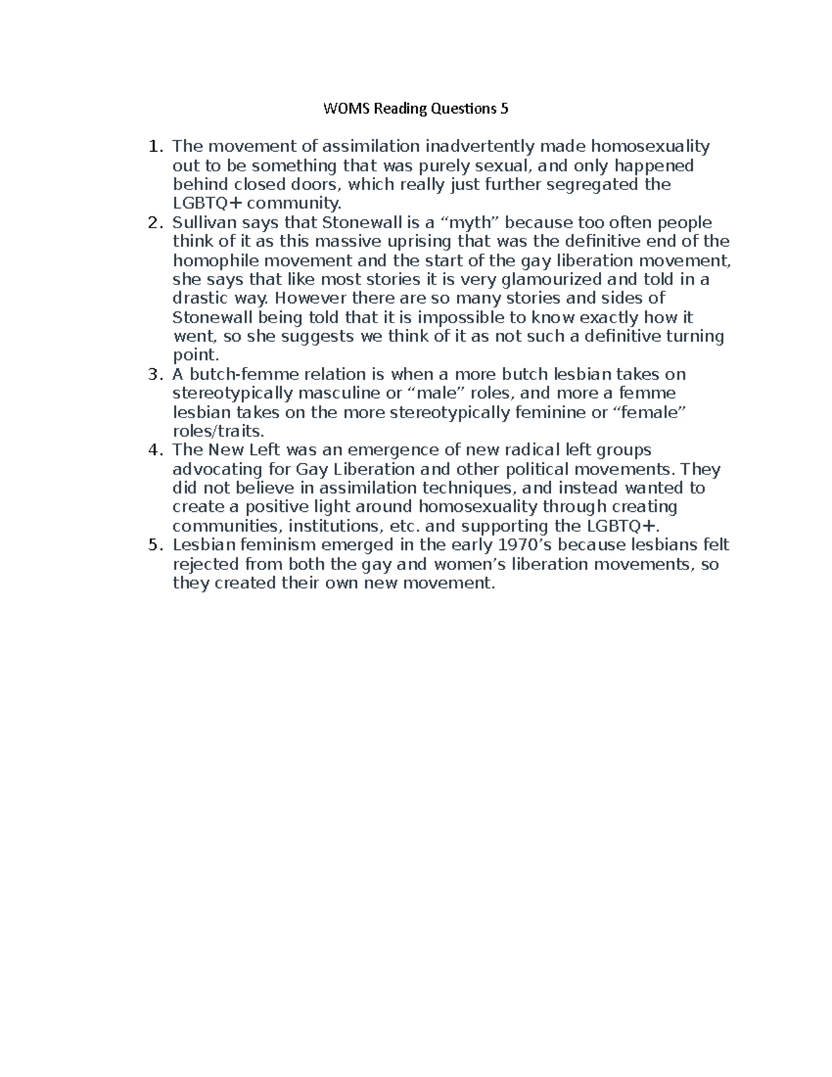 WOMS Reading Questions 5 Sullivan says that Stonewall is a “myth