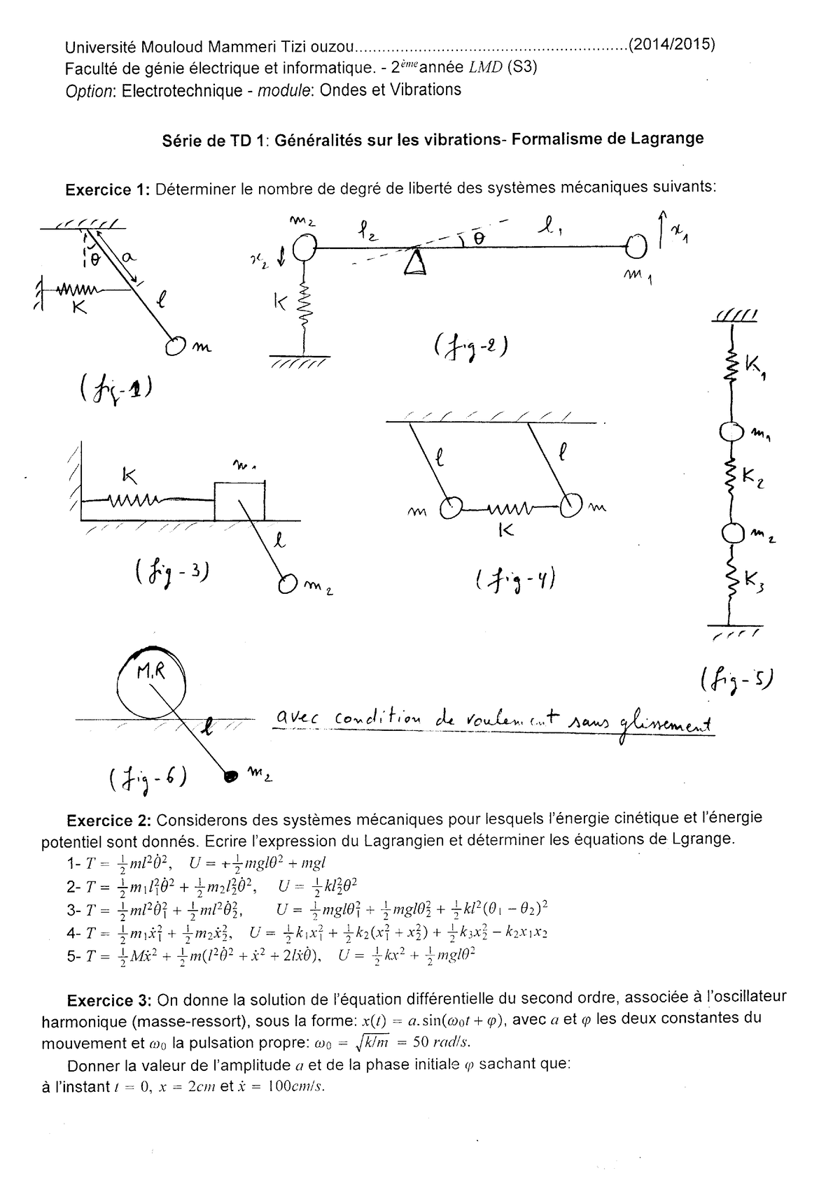 Td1-sali - Exercice Sur Les Vibrations Et Ondes - Université Mouloud ...