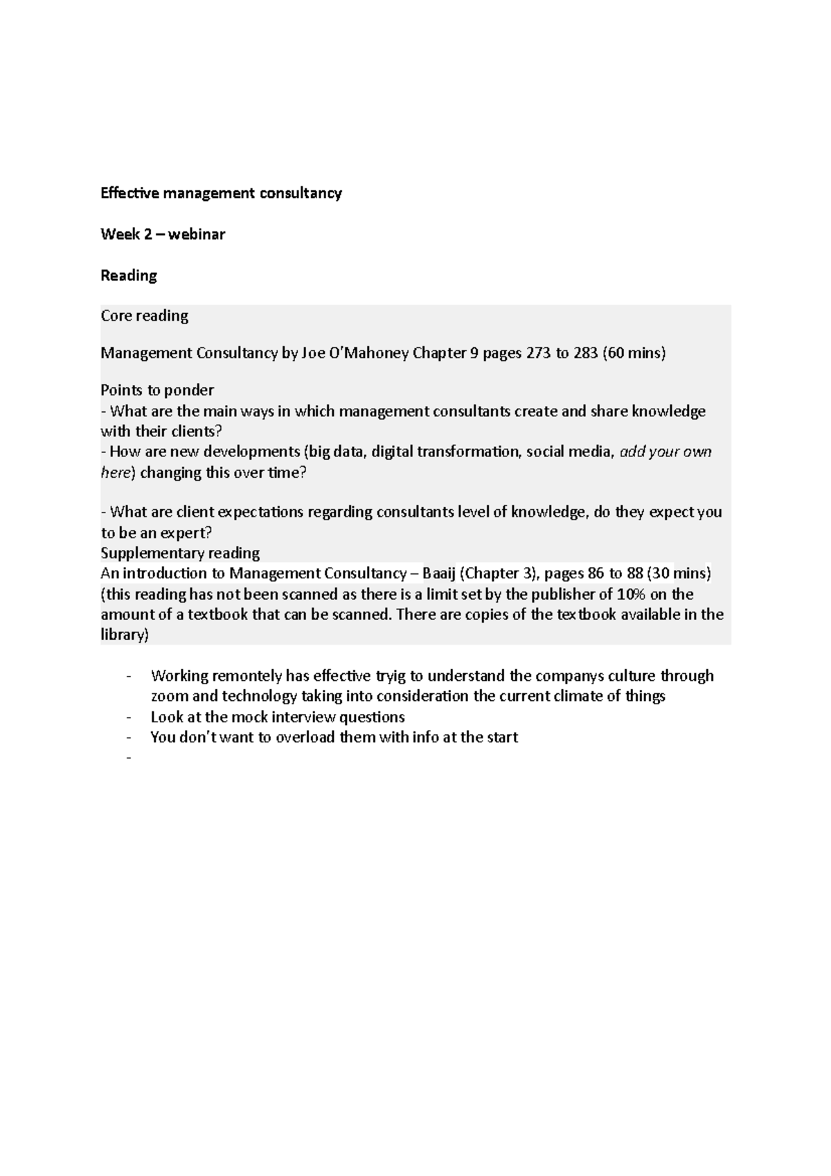 Week 2 - lecture notes - Effective management consultancy Week 2 ...