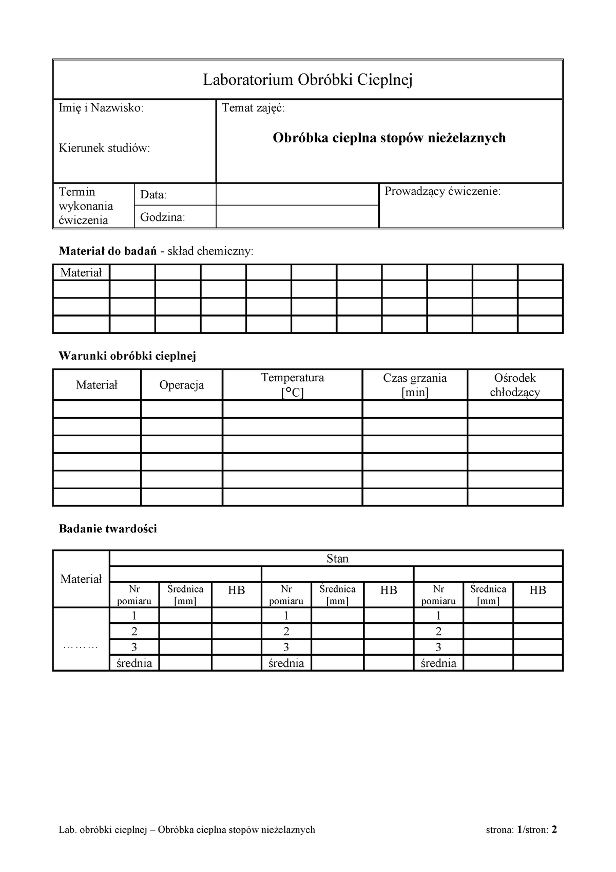 ćw. 2 Sprawozdanie - Lab. Obróbki Cieplnej – Obróbka Cieplna Stopów ...
