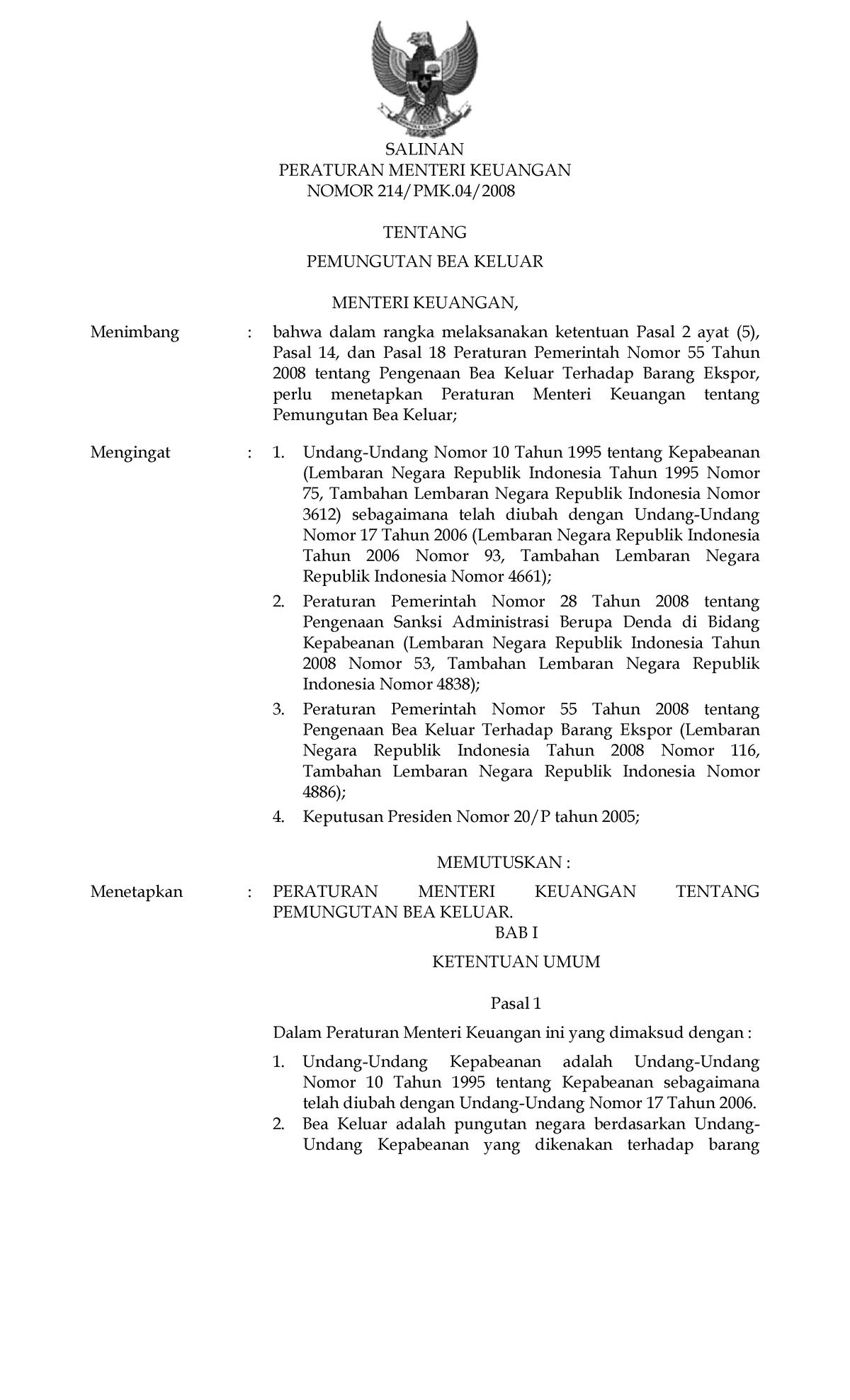 1. Bea Keluar PMK-214 Tahun 2008 - SALINAN PERATURAN MENTERI KEUANGAN ...