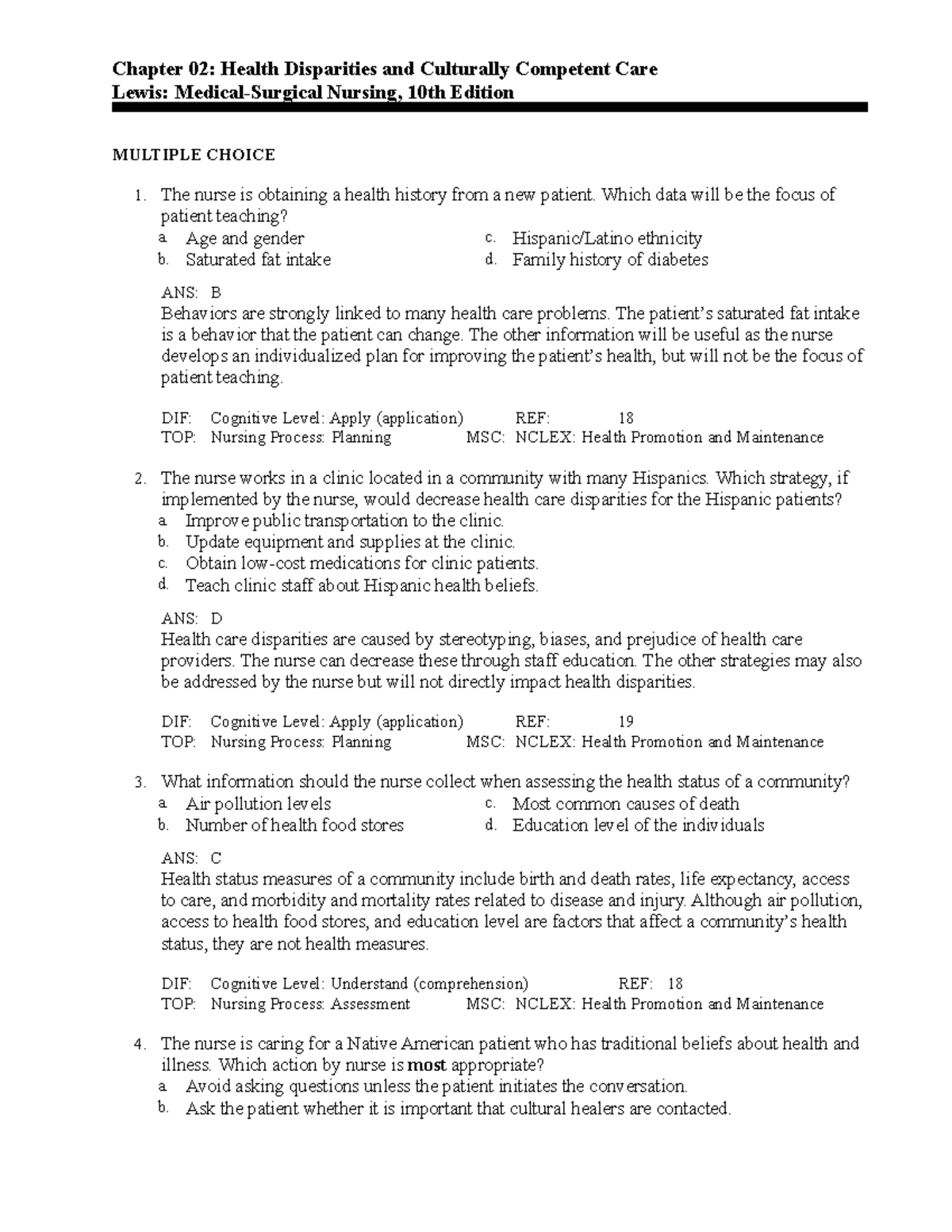 chapter 2 test bank - Chapter 02: Health Disparities and Culturally ...