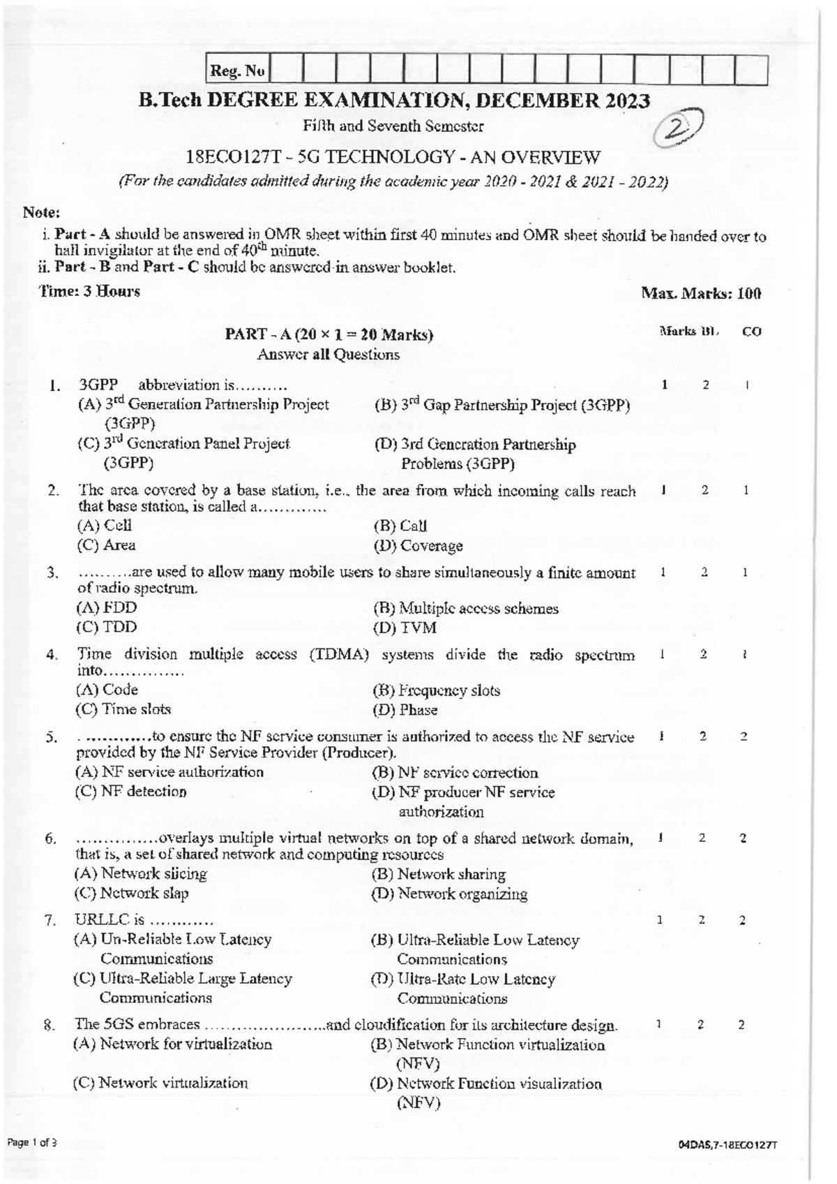 18eco127t 5G technology and overview end semester question paper - Reg ...