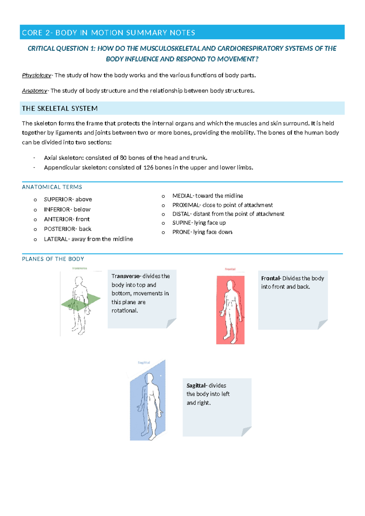 CORE 2 Summary Notes - CORE 2- BODY IN MOTION SUMMARY NOTES CRITICAL ...